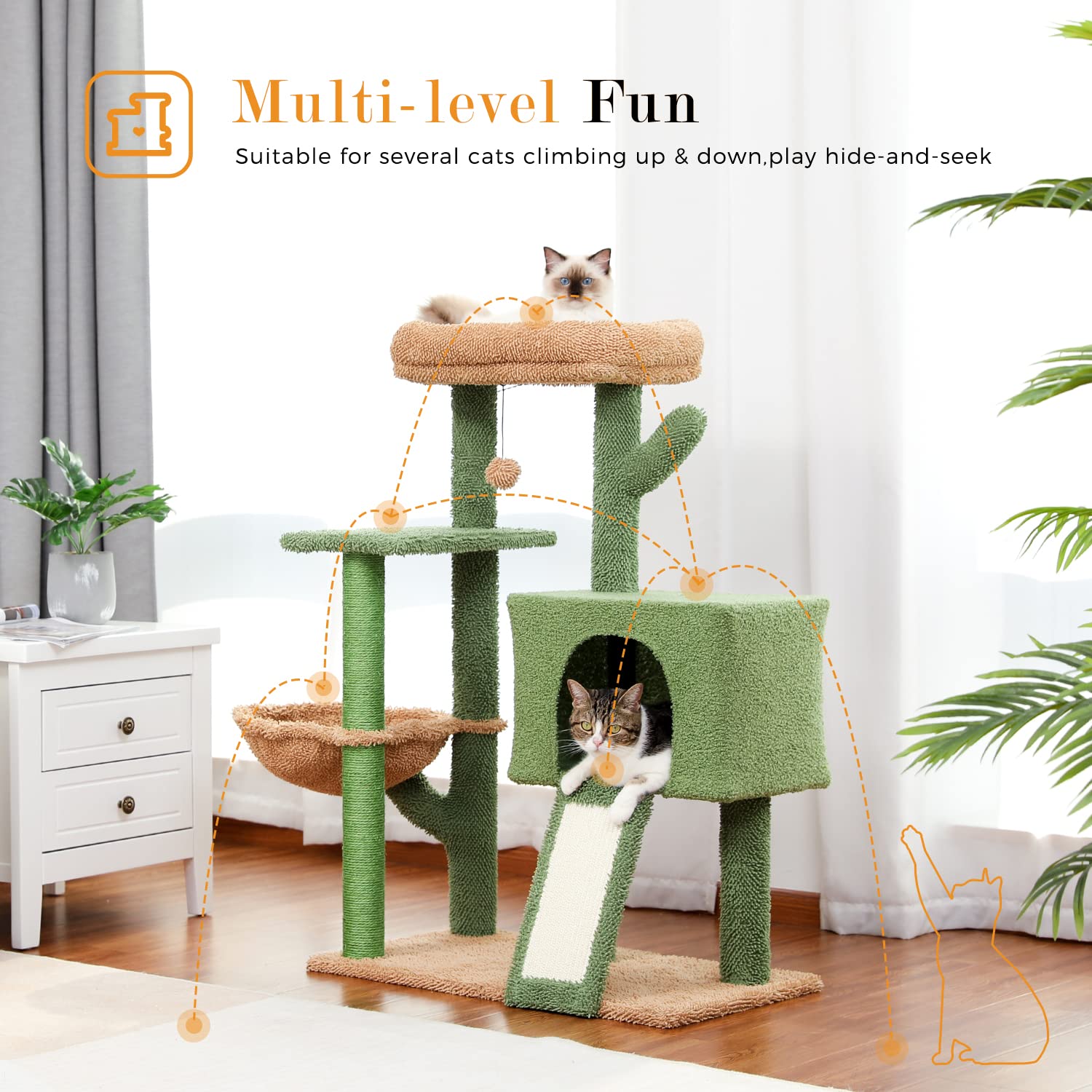 PAWZ Road 41 Inches Cactus Cat Tower with Sisal Covered Scratching Post and Cozy Condo for Indoor Cats, Cat Climbing Stand with Plush Perch &Soft Hammock for Multi-Level Cat Play House