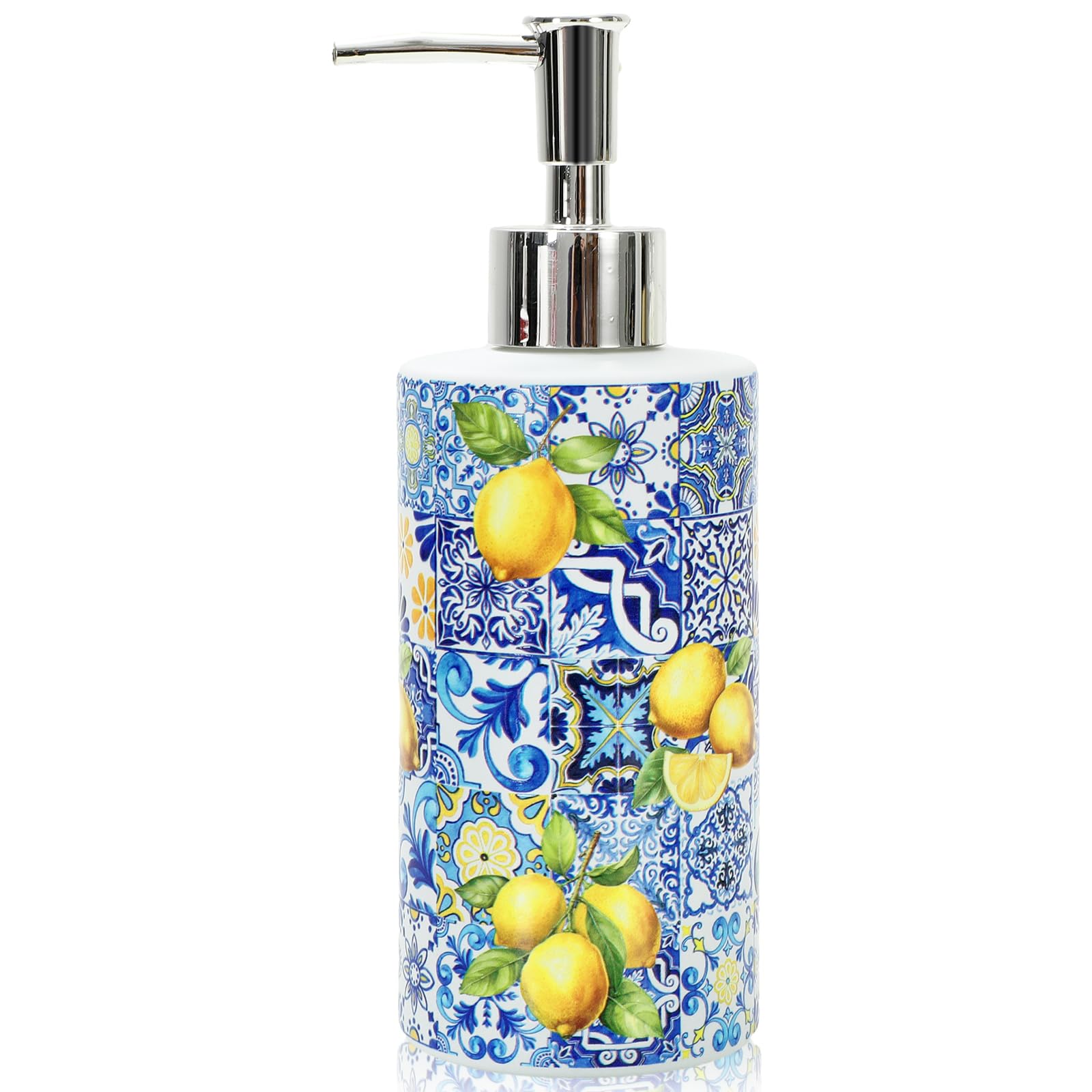 JarThenaAMCS Capri Zitronen-Seifenspender, Blaue Fliese, Gelb, Zitronenglasspender mit Pumpe, nachfüllbarer Flüssigseifenbehälter für Sommer, Zuhause, Küche, Badezimmer, Arbeitsplatte
