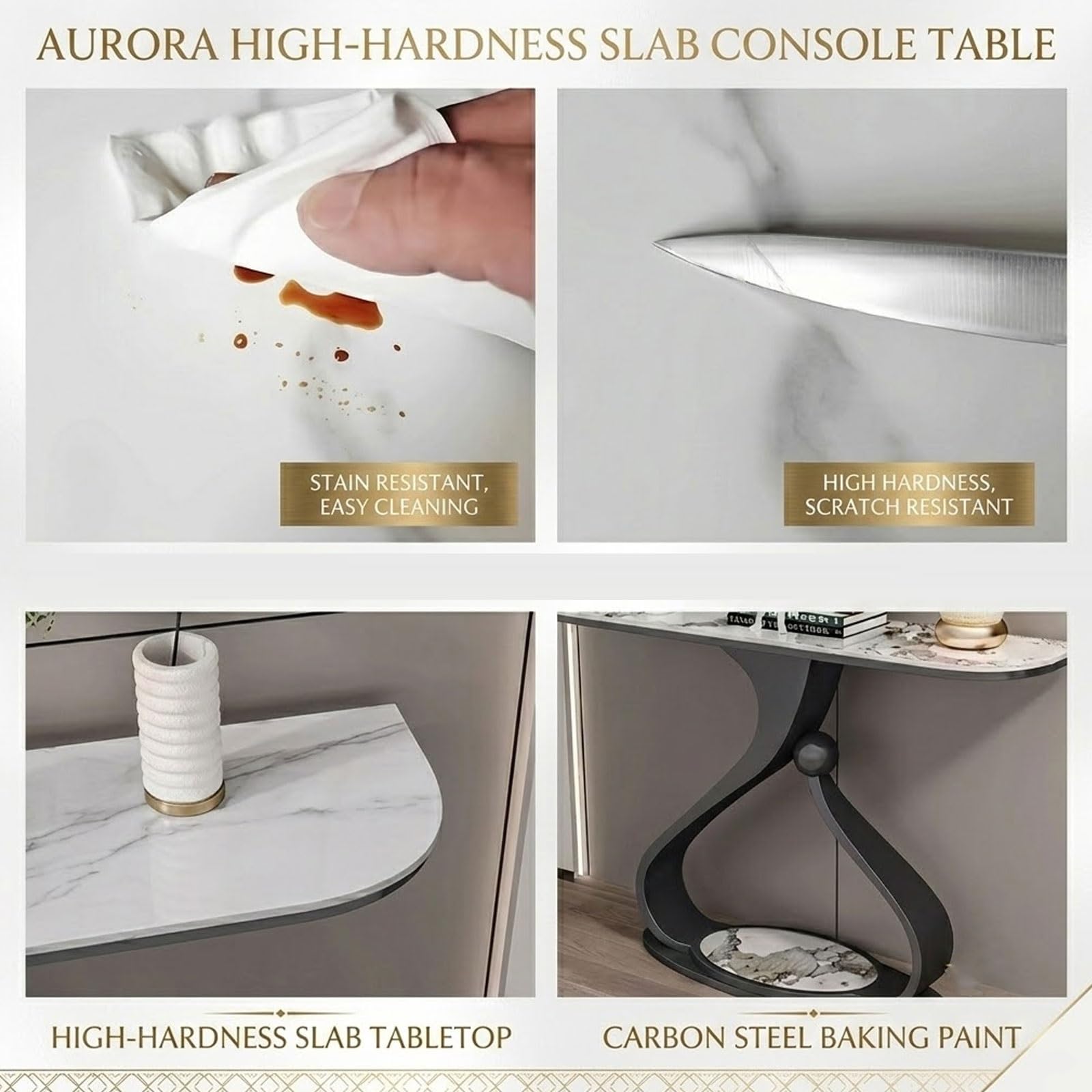 Consolle con ripiano Moderna, Stretto Tavolino da Divano in Metallo Base | Tavolo Consolle Ingresso in Pietra Sinterizzata, Mobile d'ingresso per Piccoli Spazi(Gold+Gray,L100CM/39.4IN)