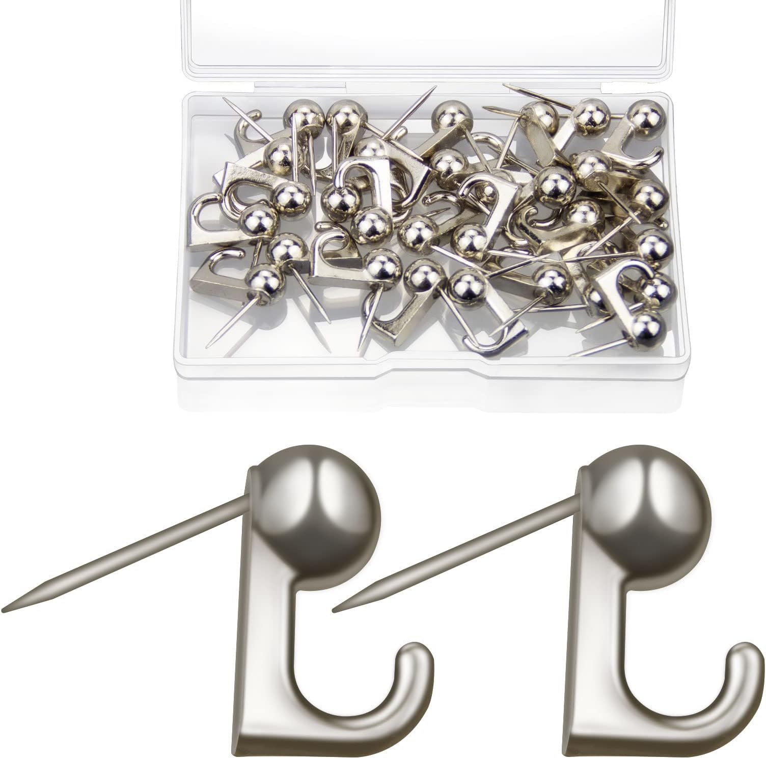 T4U888 30 Pieces Metal Push Pin Hangers，Decorative Picture Hanging Hooks with Nails for Home Office Fabric Wall Wooden Board（Silver）