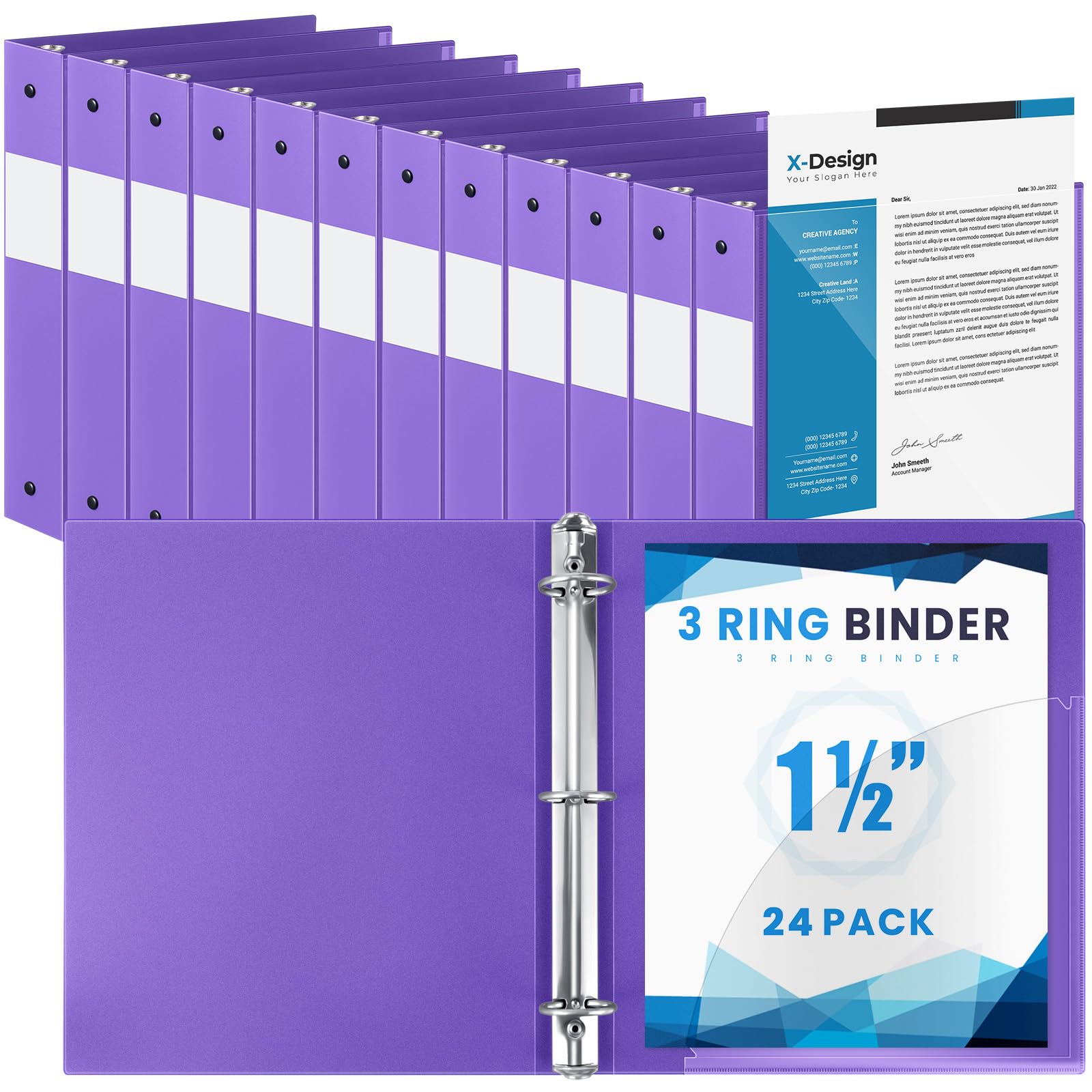 Henoyso 24 Pack 1.5 Inch 3 Ring Binder with Clear Cover Fit Letter Size 8.5" x 11" Paper Holds 350 Sheets, Bulk Binders for Organizing School, Office & Classroom Documents, 1 Pocket (Purple)
