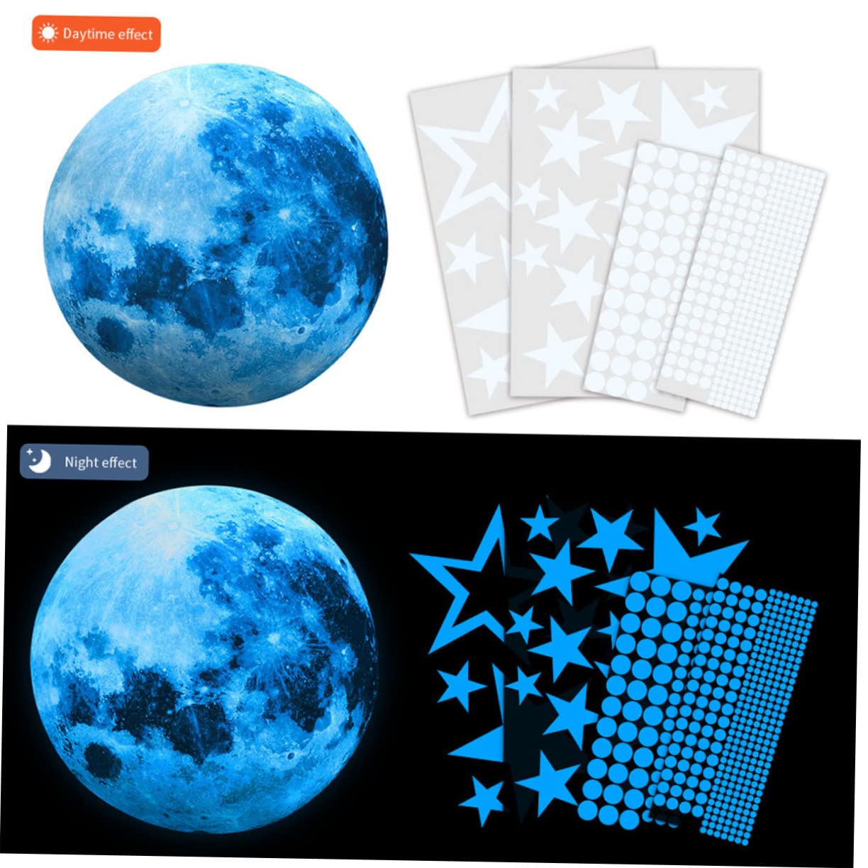 ibasenice 3zestawy Wall Stickers Do Pokoju Dziecięcego Samoprzylepne Naklejki Świecące Ciemności z Księżycem i Gwiazdami Księżyc Gwiazdek Punktów Decoracyjnych