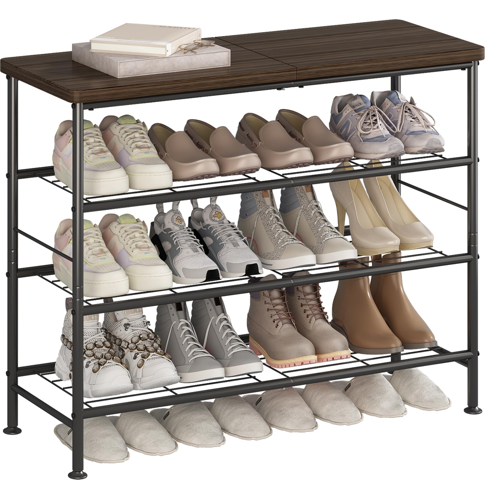 Dazioter Shoe Rack Organizer 4 Tier for Closet Entryway Free Standing Metal Storage Shoe Shelf with MDF Top Board (Black+rustic Brown, 4 Tier)