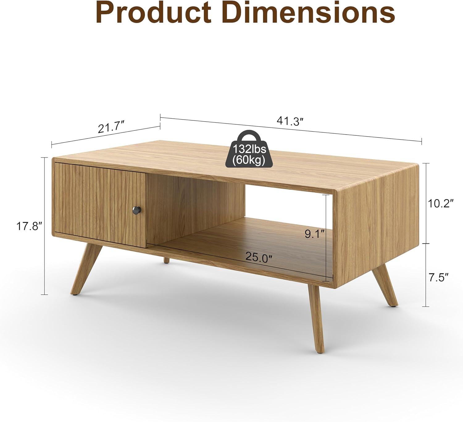 Manora Mid Century Modern Coffee Table with Storage Cabinet and Open Shelf, Wooden Living Room Table with Fluted Drawer and Solid Wood Legs, Oak Finish Center Table for Small Spaces