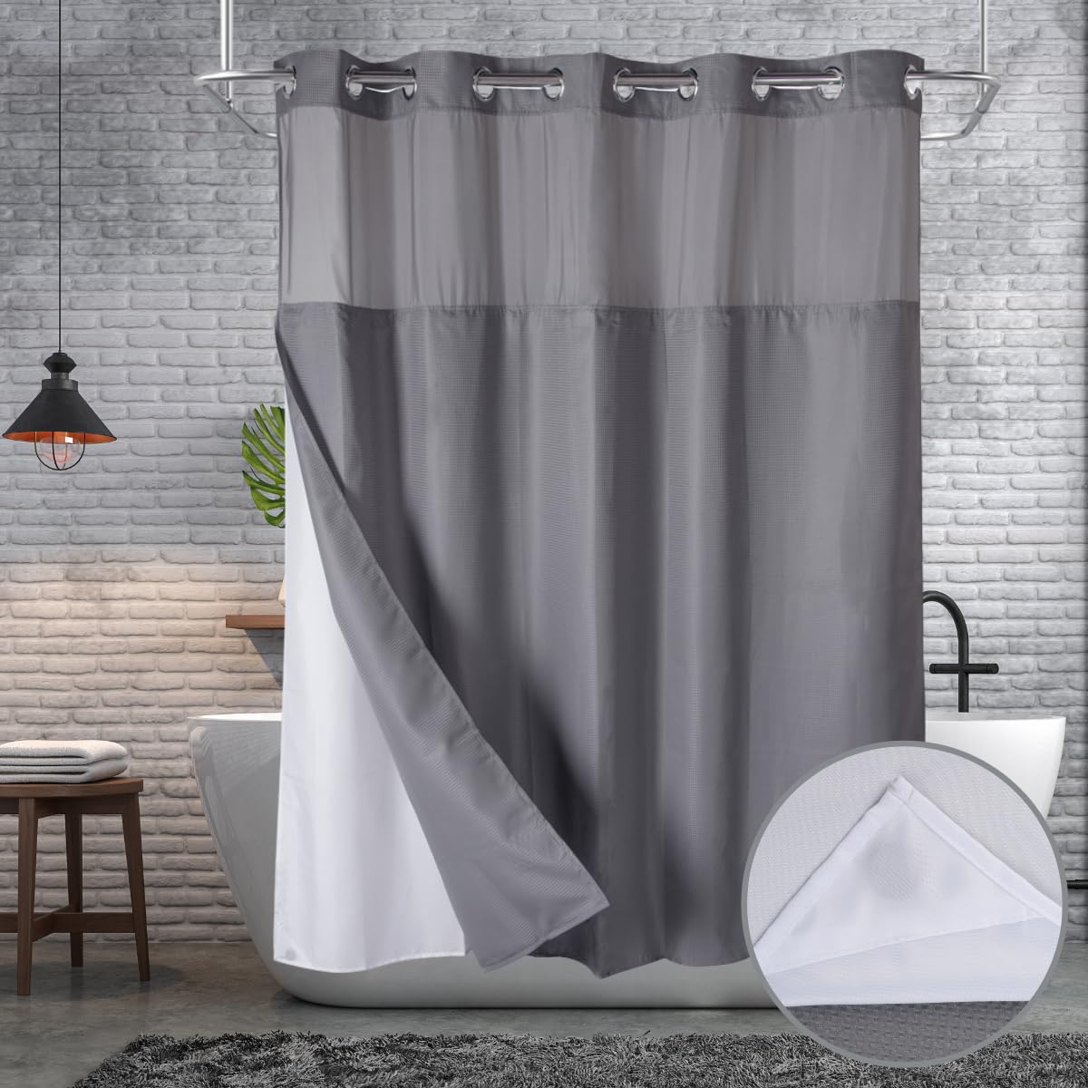 Ecoehoe 71x74 Grey Waffle Weave Fabric Ringless Shower Curtain with Magents Liner - Heavy Duty Bath Curtain with See Through Top Machine Washable
