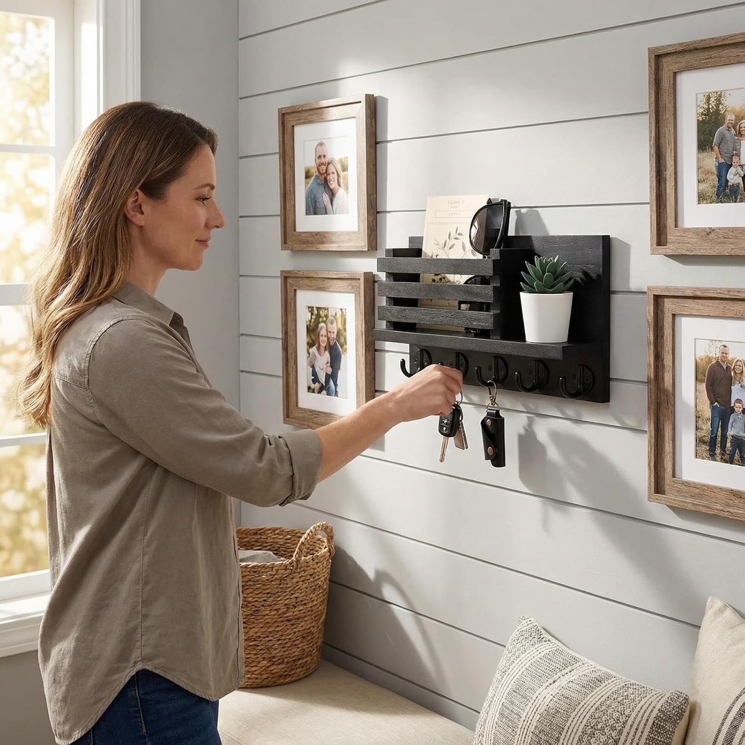 Wall Key Hook, Mail Organizer with 5 Metal Key Hooks, Decorative Key Rack Wall Mount, Tung Wood, 11.8 x 6.7 inches, Includes mounting Hardware (Black)