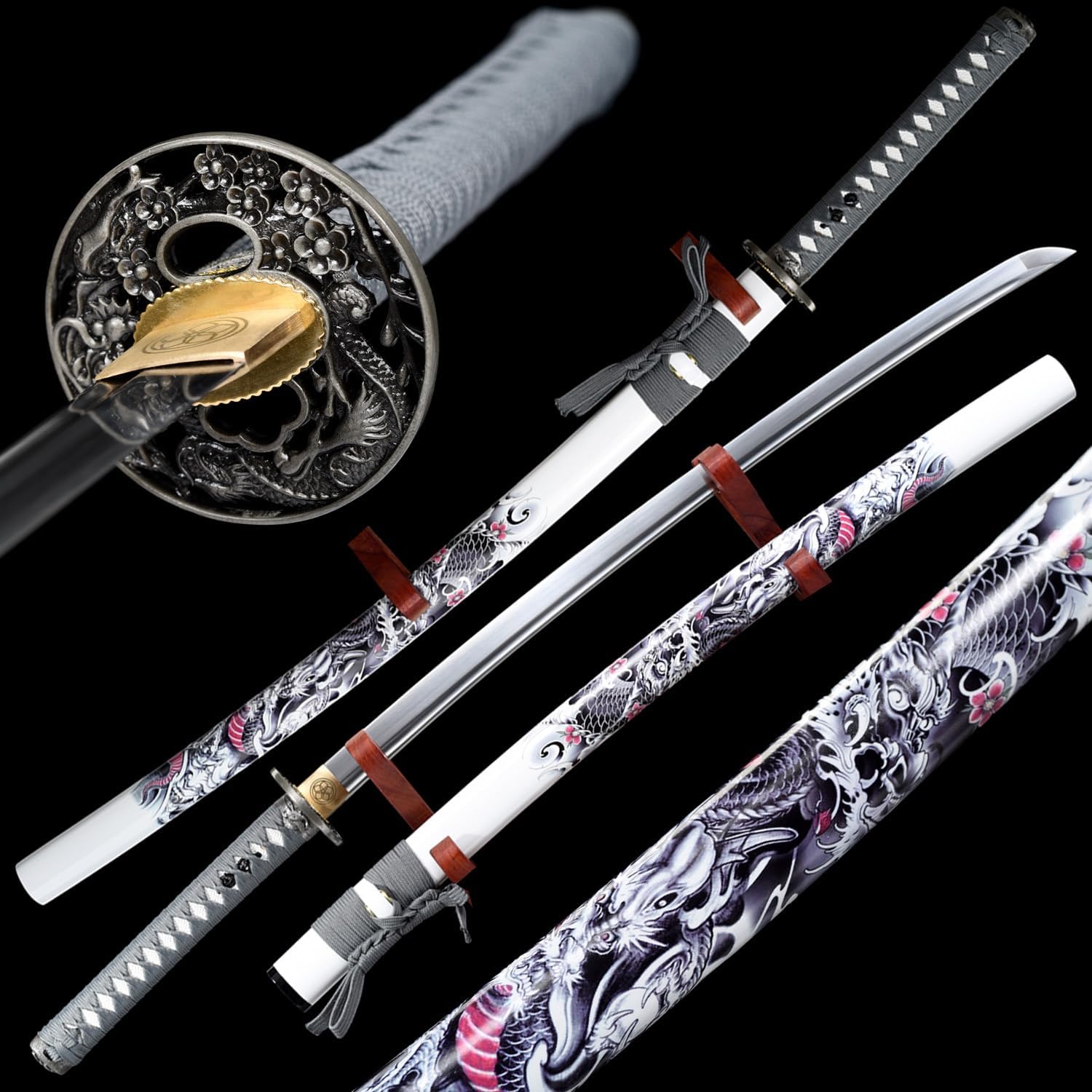 HERO SWORD Handmade Plum Blossom Dragon Katana 9260 Spring Steel Full Tang Blade Samurai Sword Authentic Japanese Weapons Very Sharp,Grey,Cool Sword for Mens,Combat Ready