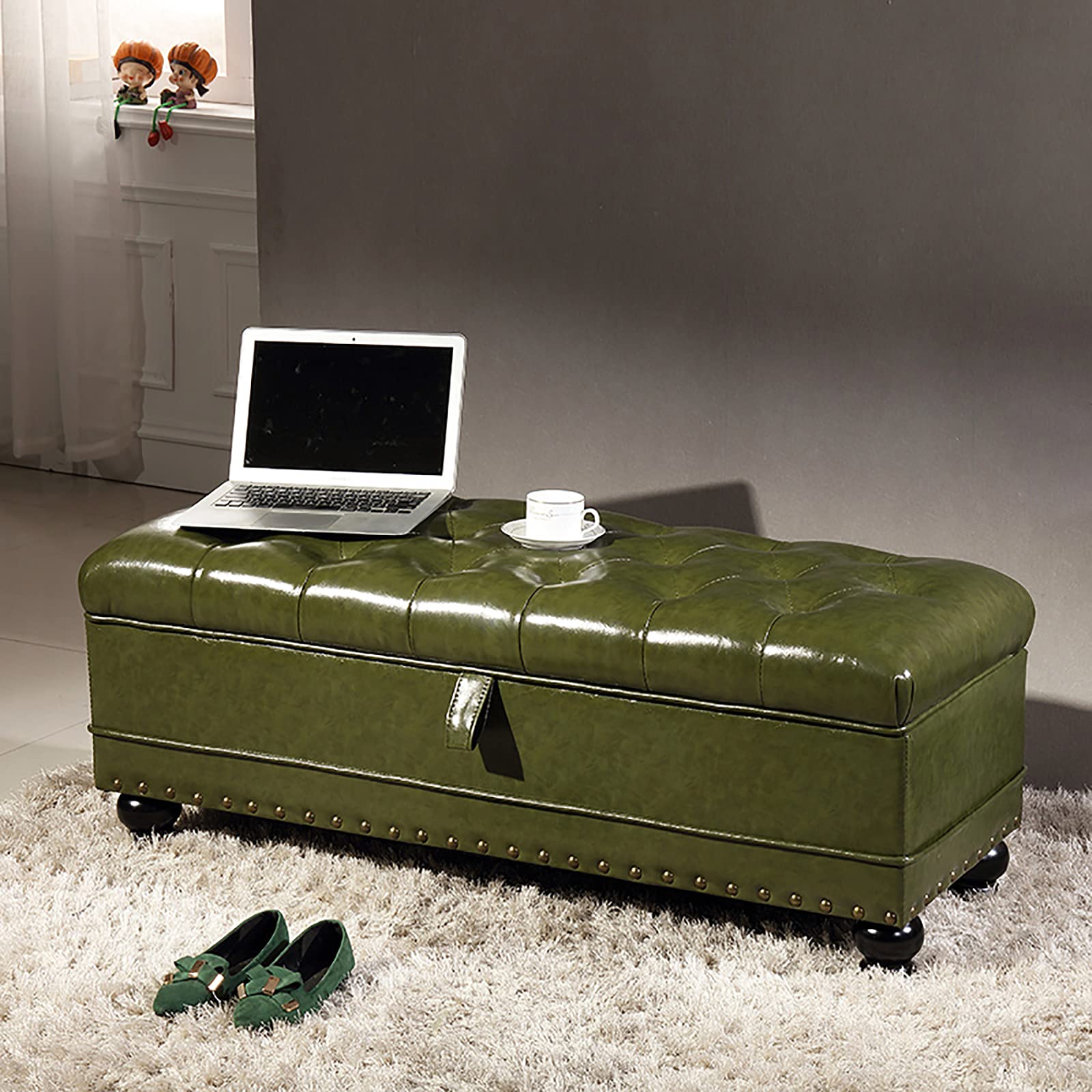 Banc de rangement ottoman coffre en cuir synthétique vert 80cm