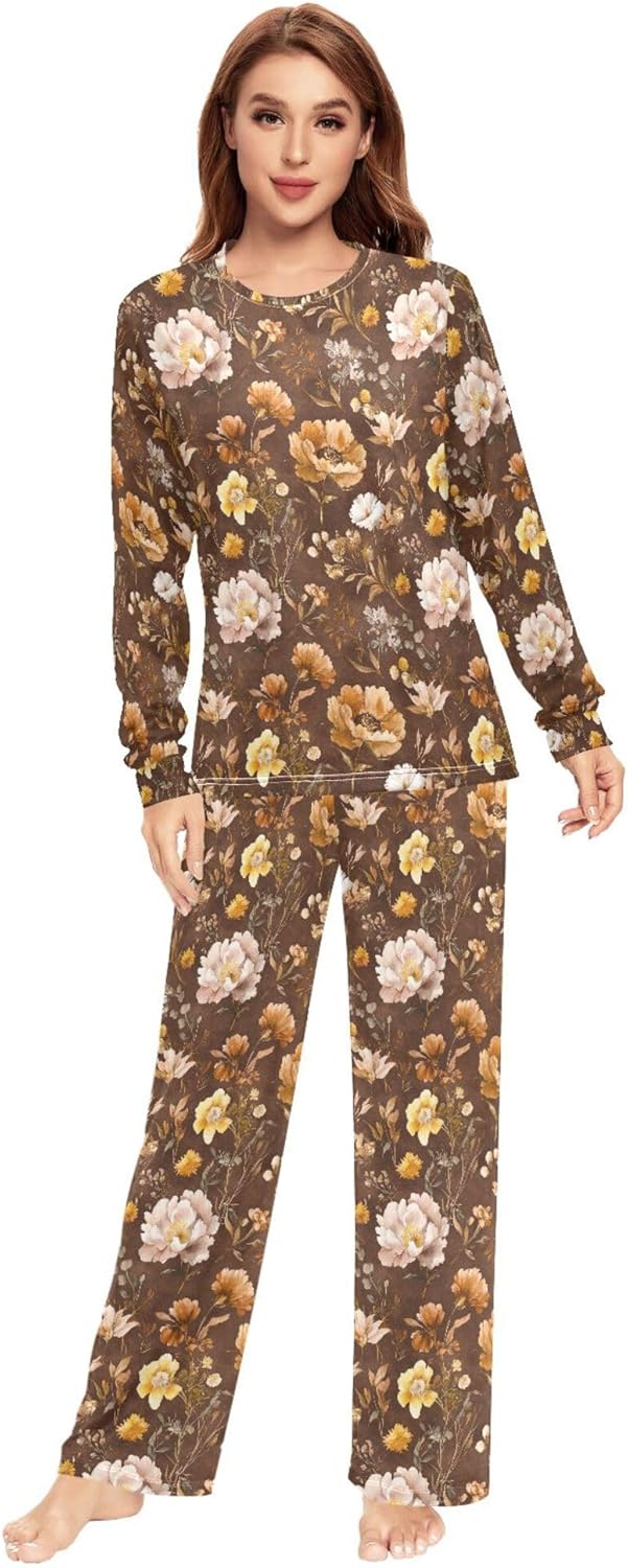 Autumn Flowers Carnation Amaryllis Brown Pajama Set for Women 2 Piece Soft Men Sleep Pants Loungewear