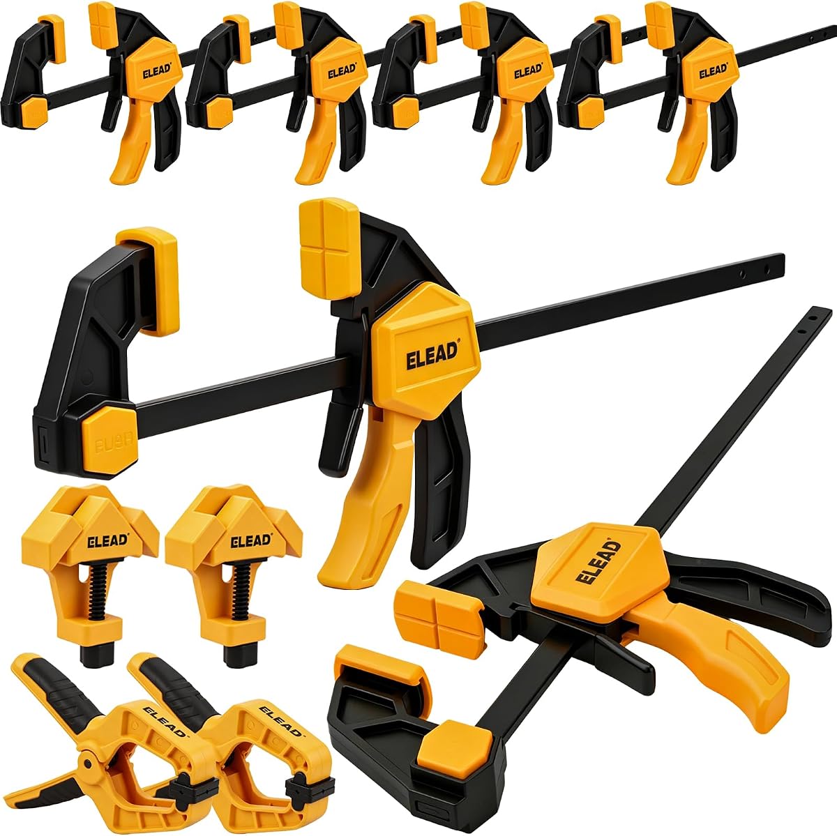 Abrazaderas de barra de 10 piezas para carpintería, 4 abrazaderas/esparcidor F de 6 pulgadas y 2 piezas de 12 pulgadas con una sola mano con límite de carga de 132 libras, abrazaderas de resorte, abrazadera de ángulo de 90°, agarre de liberación rápida
