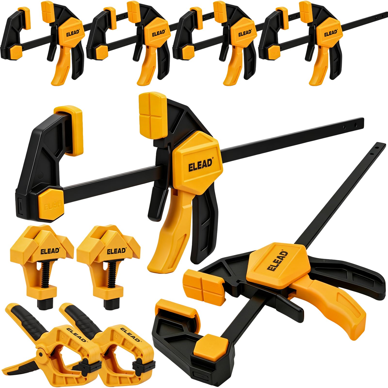 10-Piece Bar Clamps for Woodworking, 4PCS 6-inch &amp; 2PCS 12-inch One-Handed F Clamp/Spreader with 132 LBS Load Limit, Spring Clamps, 90° Angle Clamp, Quick Release Grip