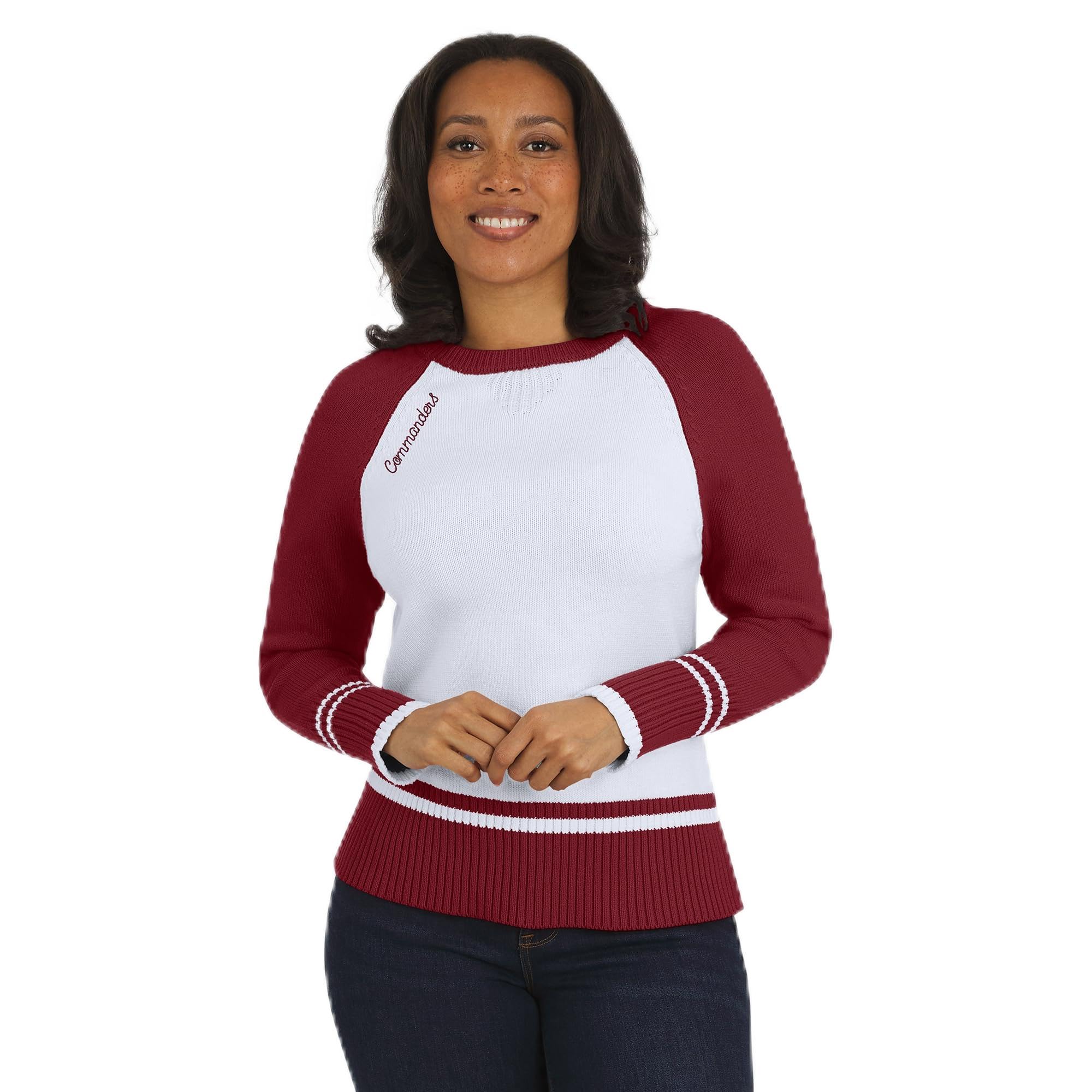 WEAR by Erin Andrews Womens White Burgundy Washington Commanders Colorblock Raglan Sweater