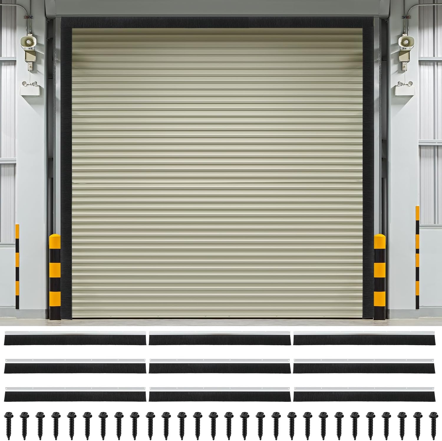 DoubleFill 12 x 12 ft Garage Door Brush Seal Kit, 3 Inch Roll up Door Seal with Aluminum Track, Heavy Duty Nylon Brush for Commercial Doors, Warehouse Barn, Energy Saving, Pest Proof, Black