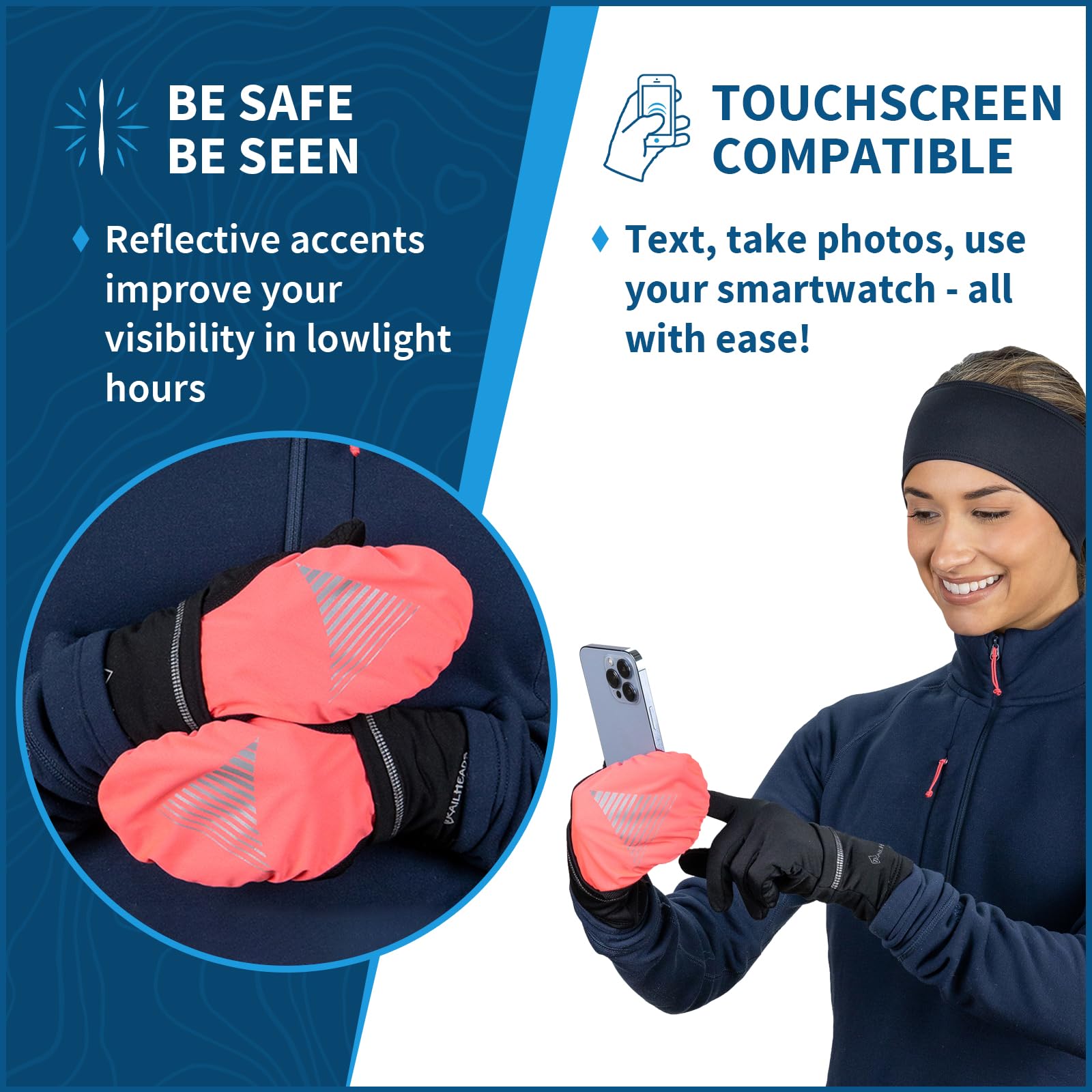 TrailHeads Gants de course pour femme avec doigts tactiles et coque imperméable convertible – pour l'hiver, réfléchissant, chaud