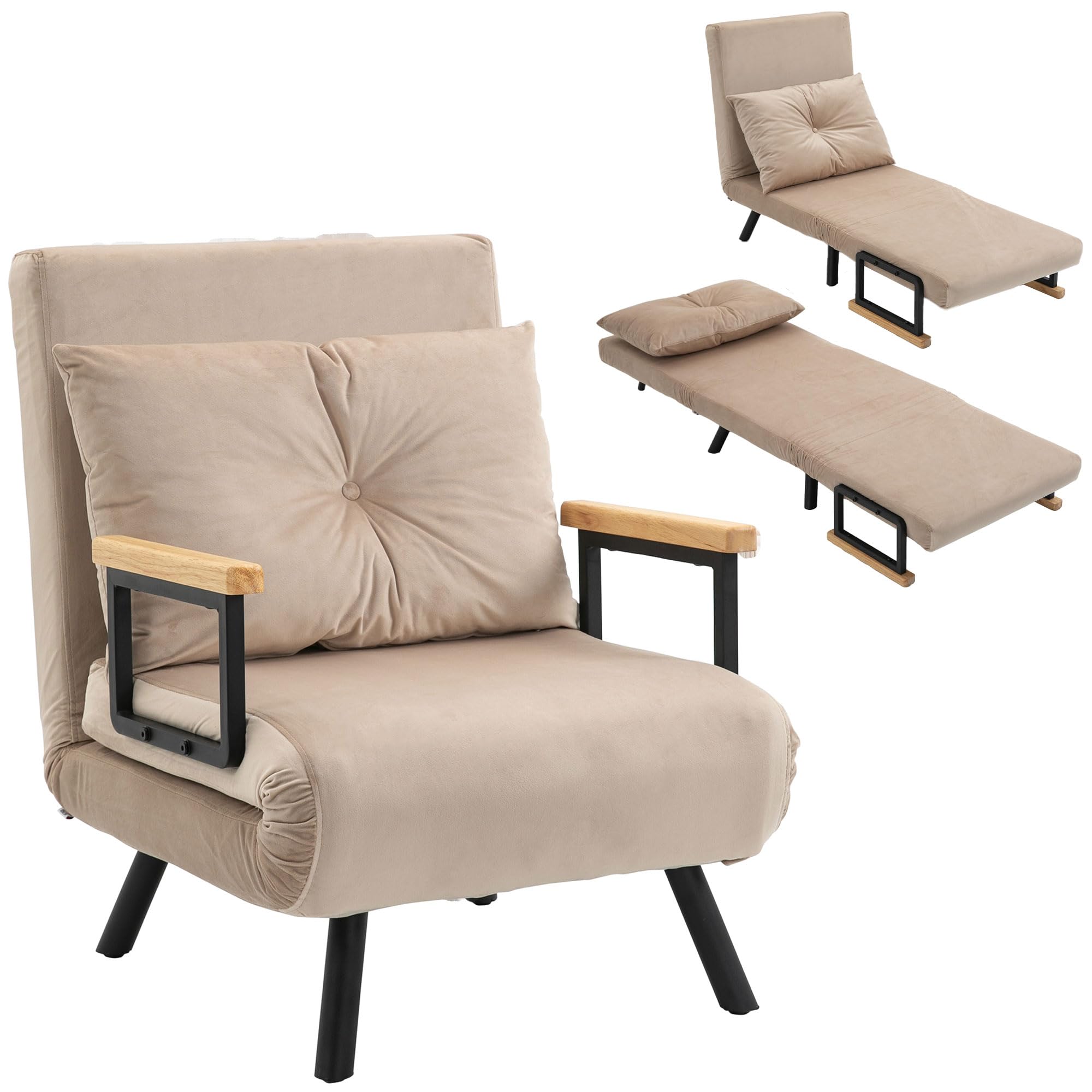 HOMCOM Fauteuil Convertible 1 Place, Fauteuil-lit chauffeuse 3 en 1 avec Dossier réglable 5 Positions, Oreiller, siège rembourré, Tissu Aspect Velours, canapé-lit pour invités, Salon, Bureau, Beige