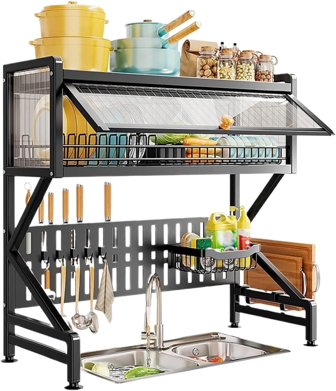 Dish Drying Rack Tableware Holder Stainless Steel Dish Drainer Rack Organizer Kitchen Counter Dish Drainer Rack Adjustable Drying Rack Kitchen(Blcak)