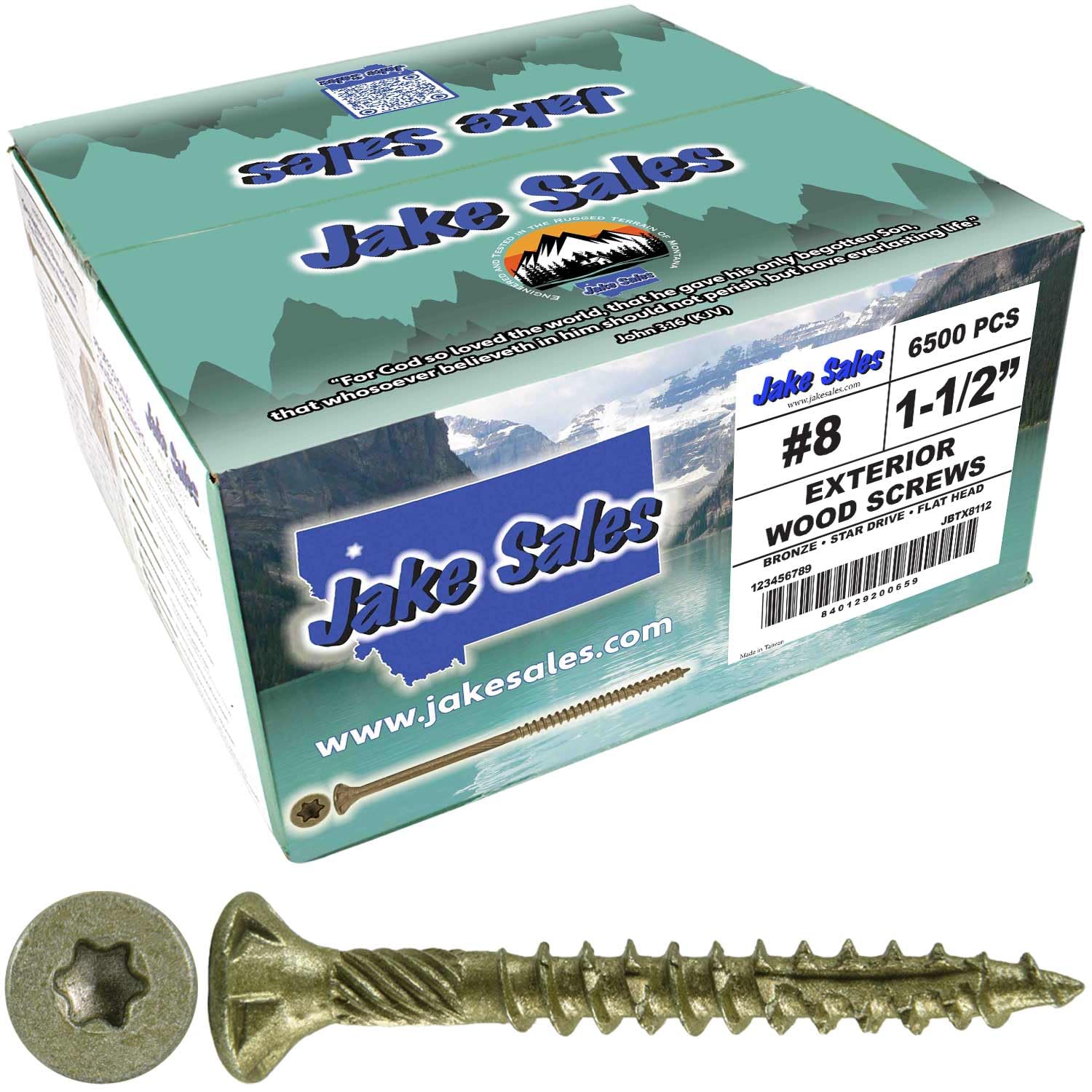 Jake Sales #8 x 1-1/2" Bronze Coated Multipurpose Wood Screw Torx/Star Drive Flat Head (Full Box - 6500 Screw Count) Exterior Coated - ACQ Compatible Wood Screws