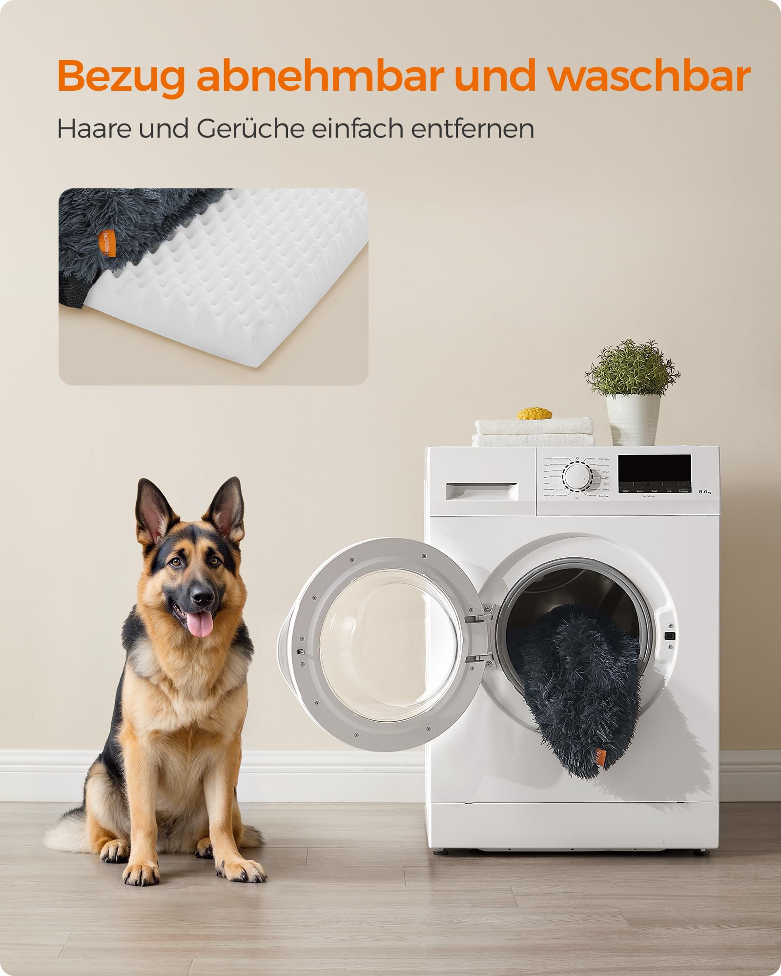 Feandrea FluffyHug Hundebett, Hundekissen Größe XXL, Hundematte für große Hunde, Hundesofa Noppenschaumstoff, Bezug abnehmbar und waschbar, 122 x 85 x 16 cm, dunkelgrau PGW234G02V1