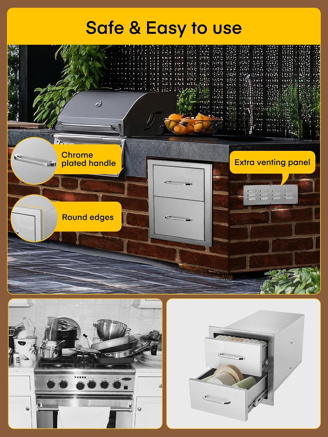 FOHERE Outdoor Kitchen Drawers Stainless Steel Cabinet, 2-Drawer BBQ Access Drawer 14" W x 14.5" H x 23" D Enclosed Built-in Drawer Flush Mount for Outdoor Kitchens & BBQ Islands