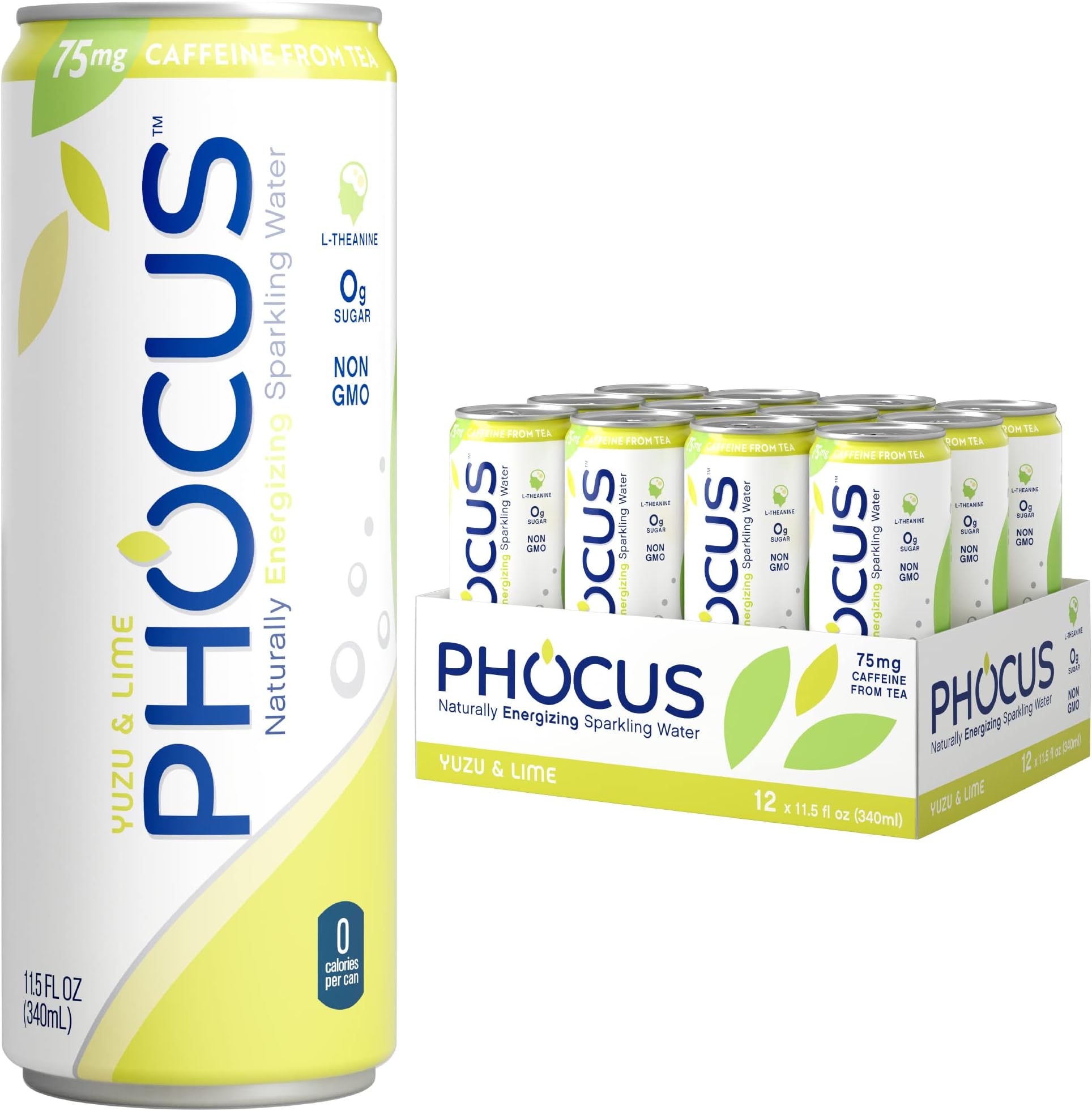 Phocus Caffeinated Sparkling Water - Clean Energy with Caffeine + L-Theanine Yuzu & Lime - 0 Sugars, Calories or Carbs - Non GMO, Whole 30, Keto, Vegan, Kosher - 11.5 Fl Oz. (12 Pack)
