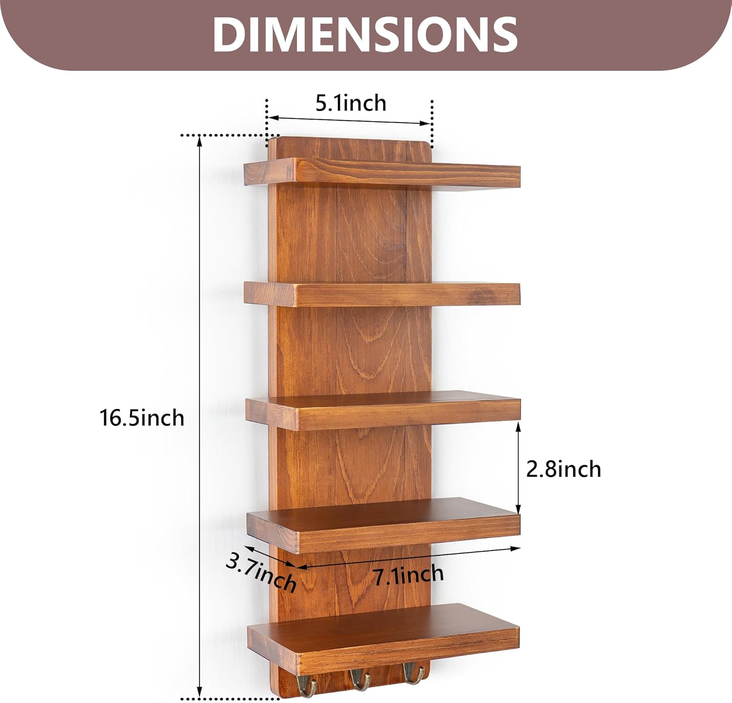 Sunglasses Organizer, Wall Mounted 5-Tier Wood Eyeglasses and Sunglass Holder Rack, Eyewear Storage Display Shelf with Key Hooks for Entryway, Living Room, or Retail Showcase