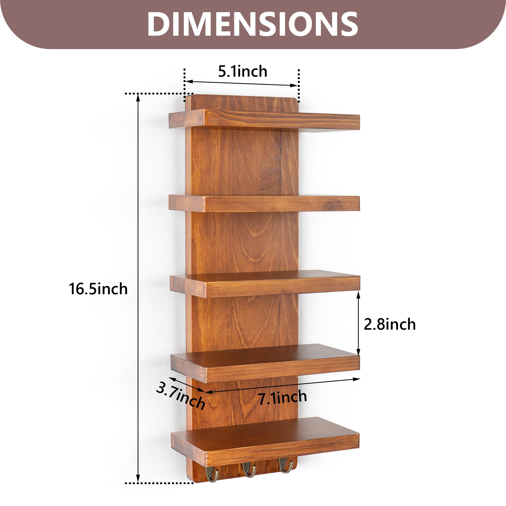 Sonnenbrillen-Organizer zur Wandmontage, 5-stöckiges Holzregal für Brillen und Sonnenbrillen, Brillenaufbewahrung, Display Regal mit Schlüsselhaken für Eingangsbereich, Wohnzimmer oder