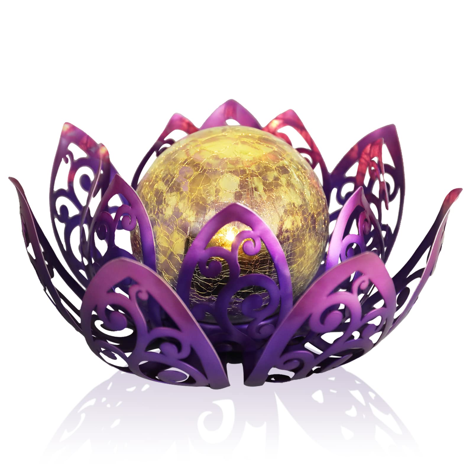 Lampe solaire lotus de jardin Bshine en métal sculpté et boule de verre lumineuse premium
