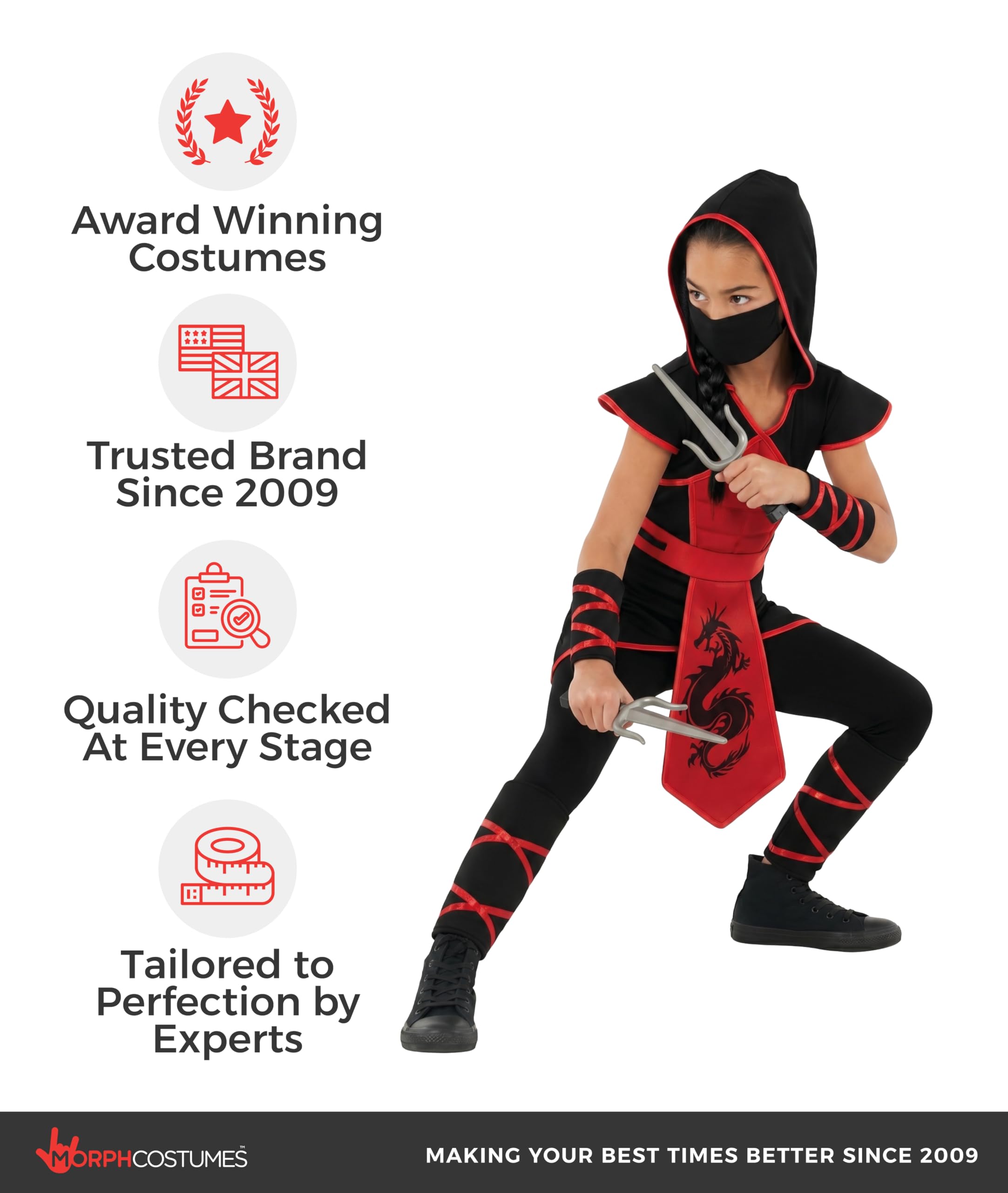 Morph Costume Ninja Bambino, Costume Halloween Bambino | Tunica con Cappuccio, Polsini, Maschera & Pugnali, Look da Ninja, Perfetto per Halloween, Ideale per il Gioco di Ruolo