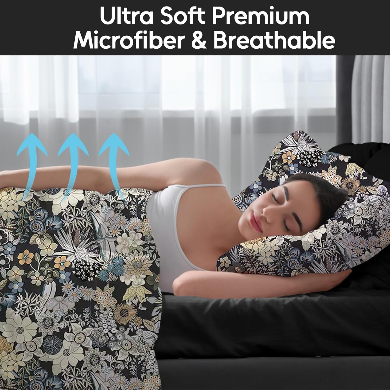 LONAVA Floral King Size Bed Sheet Set, 6 Piece, Deep Pocket Black Fitted Sheet, Comfy & Breathable Boho Patterned Flat Sheets, Premium Microfiber, Midnight Blossoms Printed - Image 2