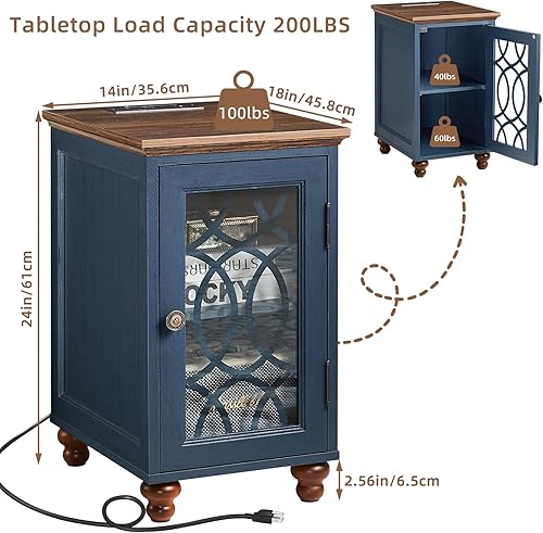 Miniatura 2 de Mesa auxiliar estrecha con estación de carga, mesita de noche con puerta de granero de cristal, mesas auxiliares de noche con estante ajustable,