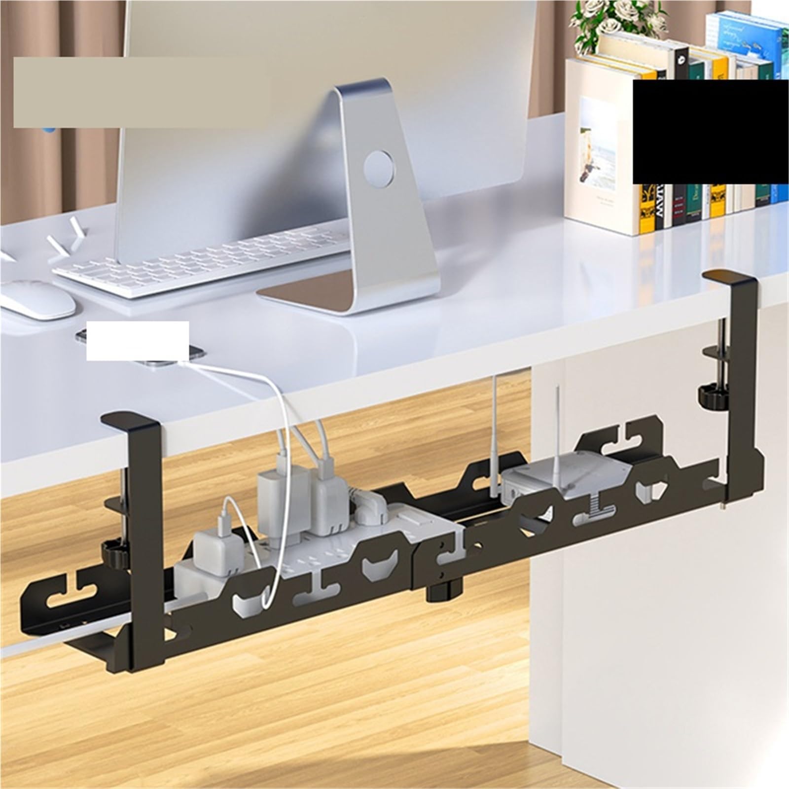 Vassoio Portacavi Scrivania Nessuna perforazione estensibile sotto la scrivania Gestione dei cavi Vassoio porta in ​​metallo con morsetto Portacavo retrattile for ciabatta(Double retractable)