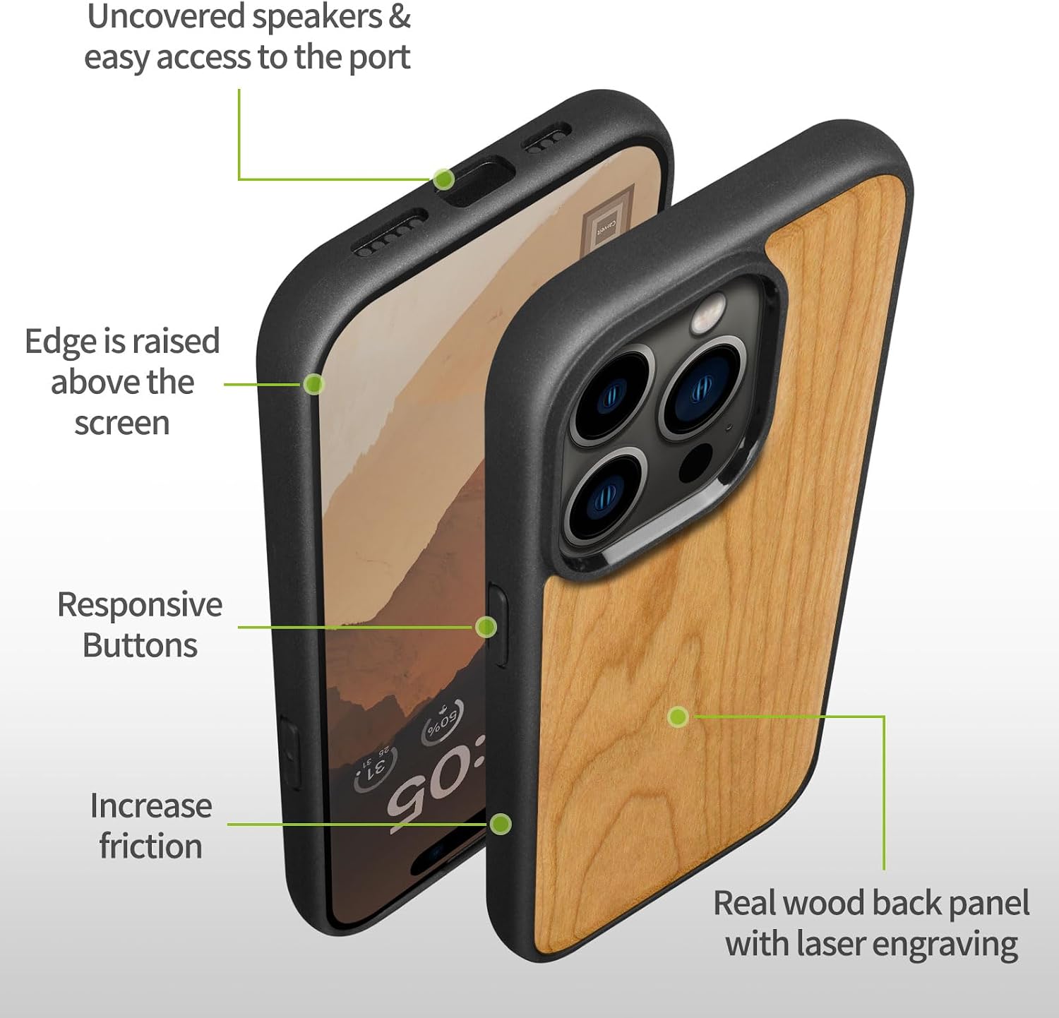 Carveit Magnetic Wooden Case for iPhone 15 Pro Case, Compatible with MagSafe Wireless Chargers, Black Soft TPU Shockproof Cover & Wood Artisan Engraved (Natural Wood - Cherry)
