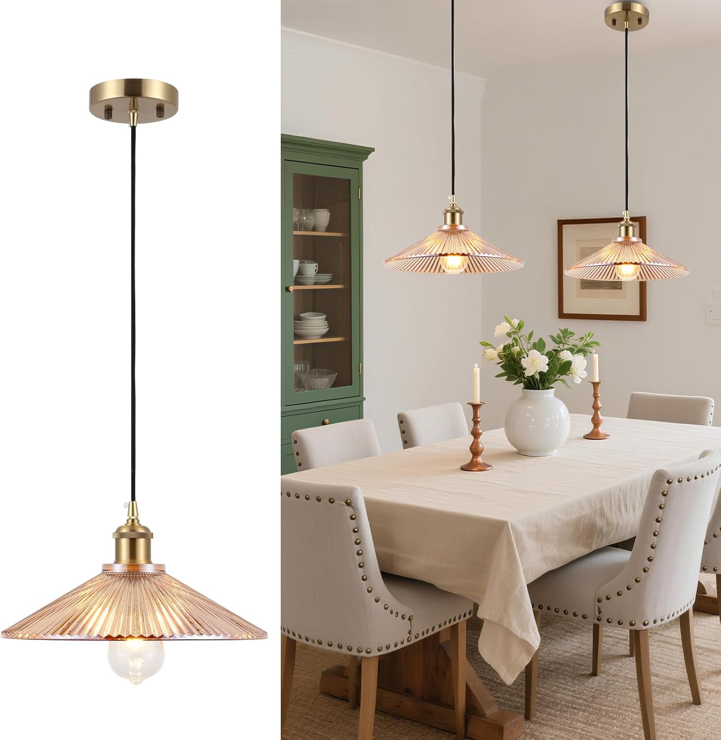Modern Large Pendant Light 11.81 Inches Amber Striped Glass Shades Brushed Brass Gold Hanging Lamp Farmhouse Adjustable Ceiling Hanging Lights Kitchen Island Dining Room Bedroom Amber 1 Lights-11.81inches