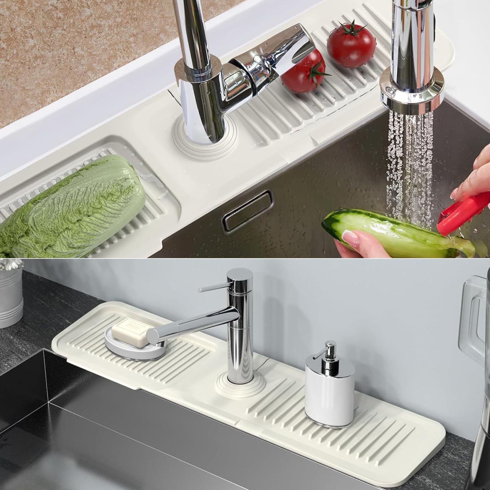 2 Pièces Contour de Robinet Absorbant 39,5x11,7cm Tapis de Robinet | Evier Cuisine Protection Anti-Éclaboussure en Silicone Protege Evier Cuisine Tapis de Robinet pour Eclaboussure Drainage