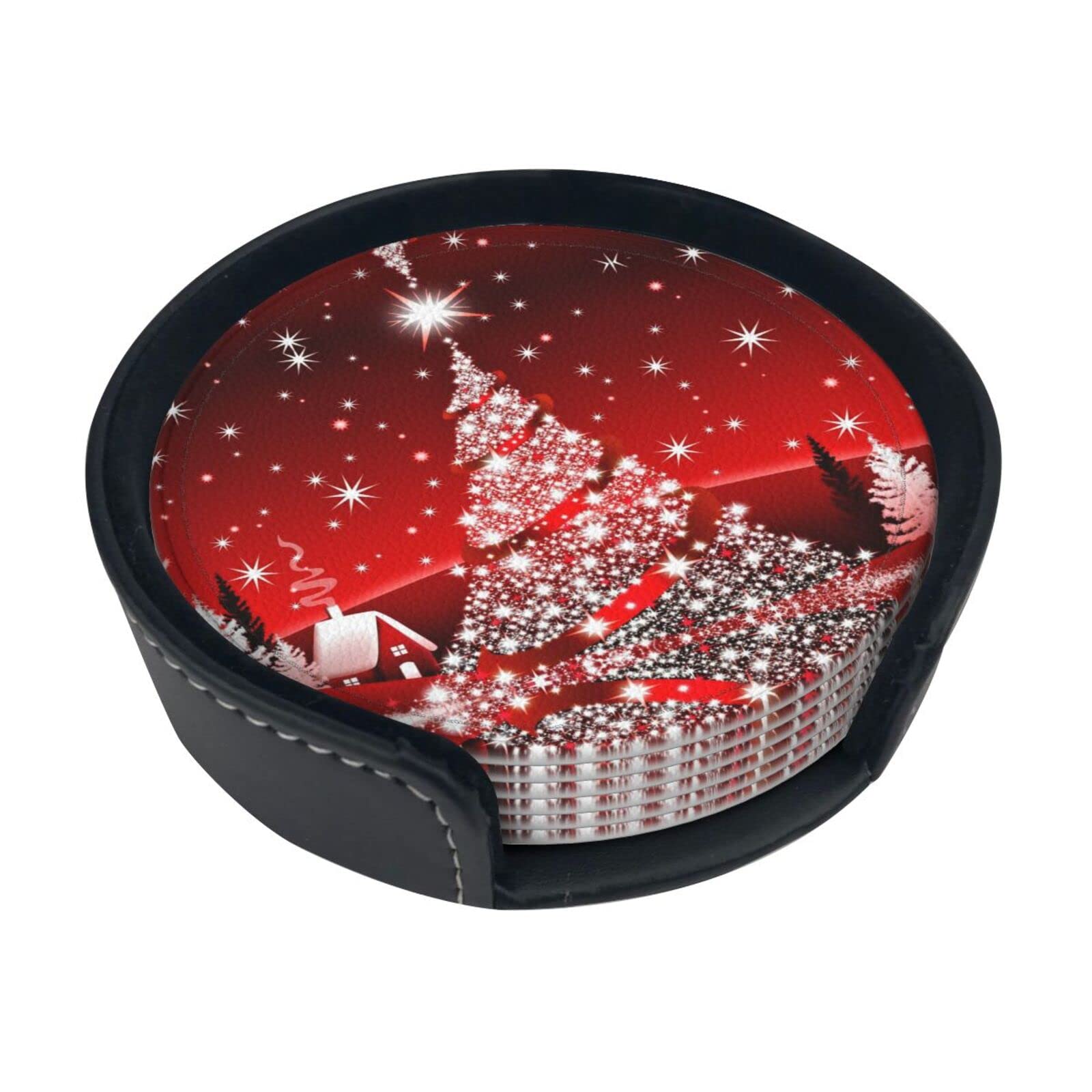 Coasters Set Of 6 Christmas Tree Red Print Leather Coasters For Drinks,Home Décor And Housewarming Gift