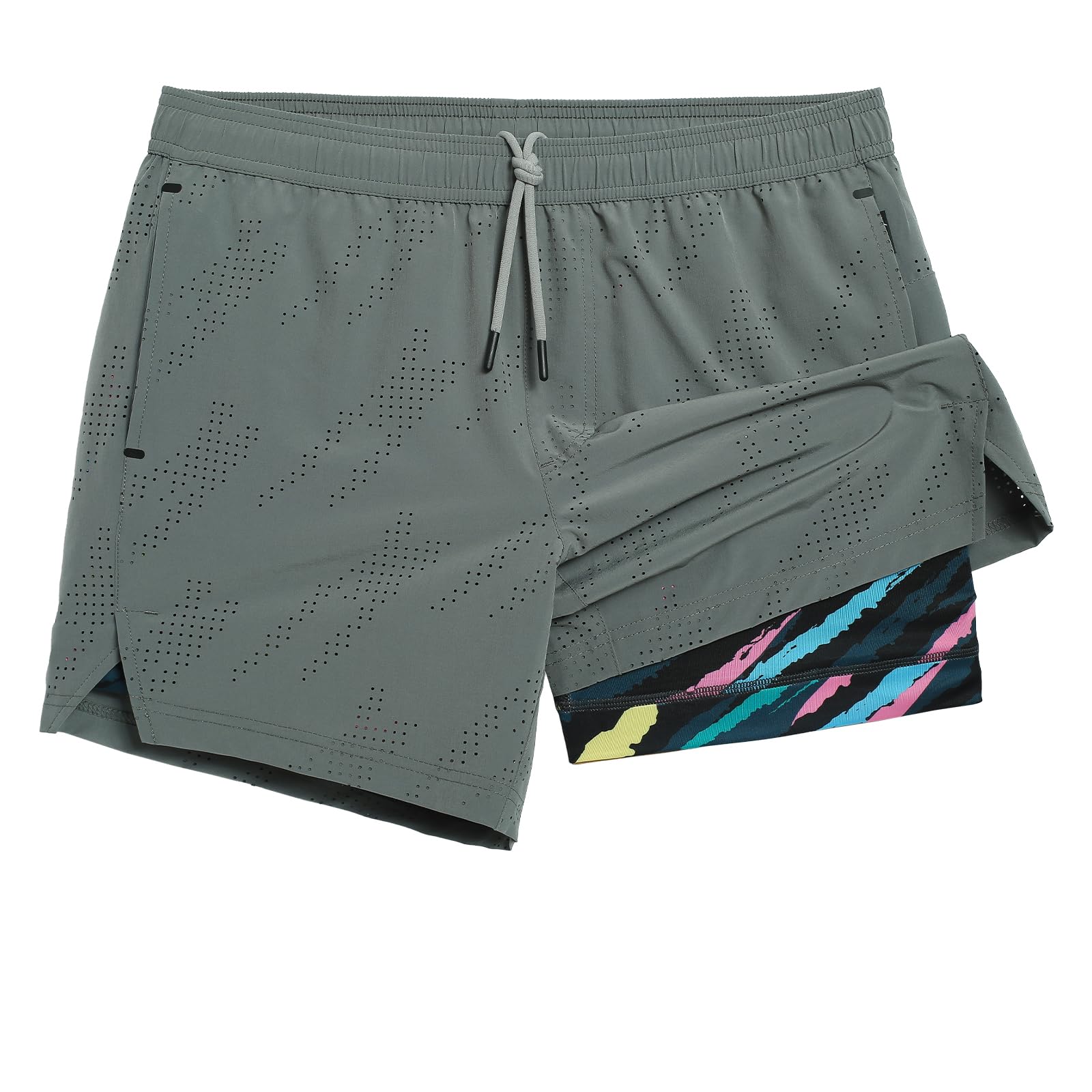 maamgic Herren-Laufshorts mit Kompressionsfutter, 12,7 cm, schnell trocknende Reißverschlusstasche, Grau Meteor, XL | Anti-Scheuern, perforierter Stoff, atmungsaktiv, Stretch, Handtuchschlaufe, athletisch, Workout, Fitnessstudio