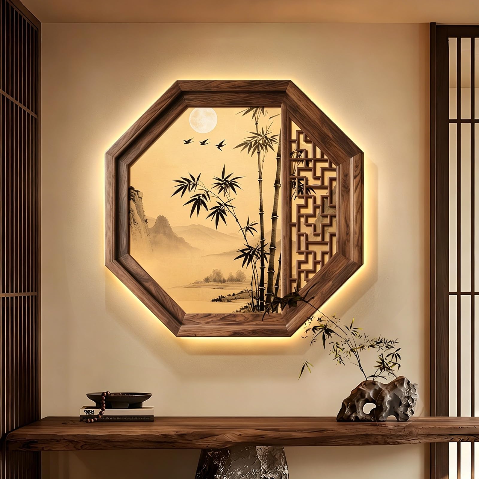 Art mural 3D LED illumine un salon sombre tableau paysage zen