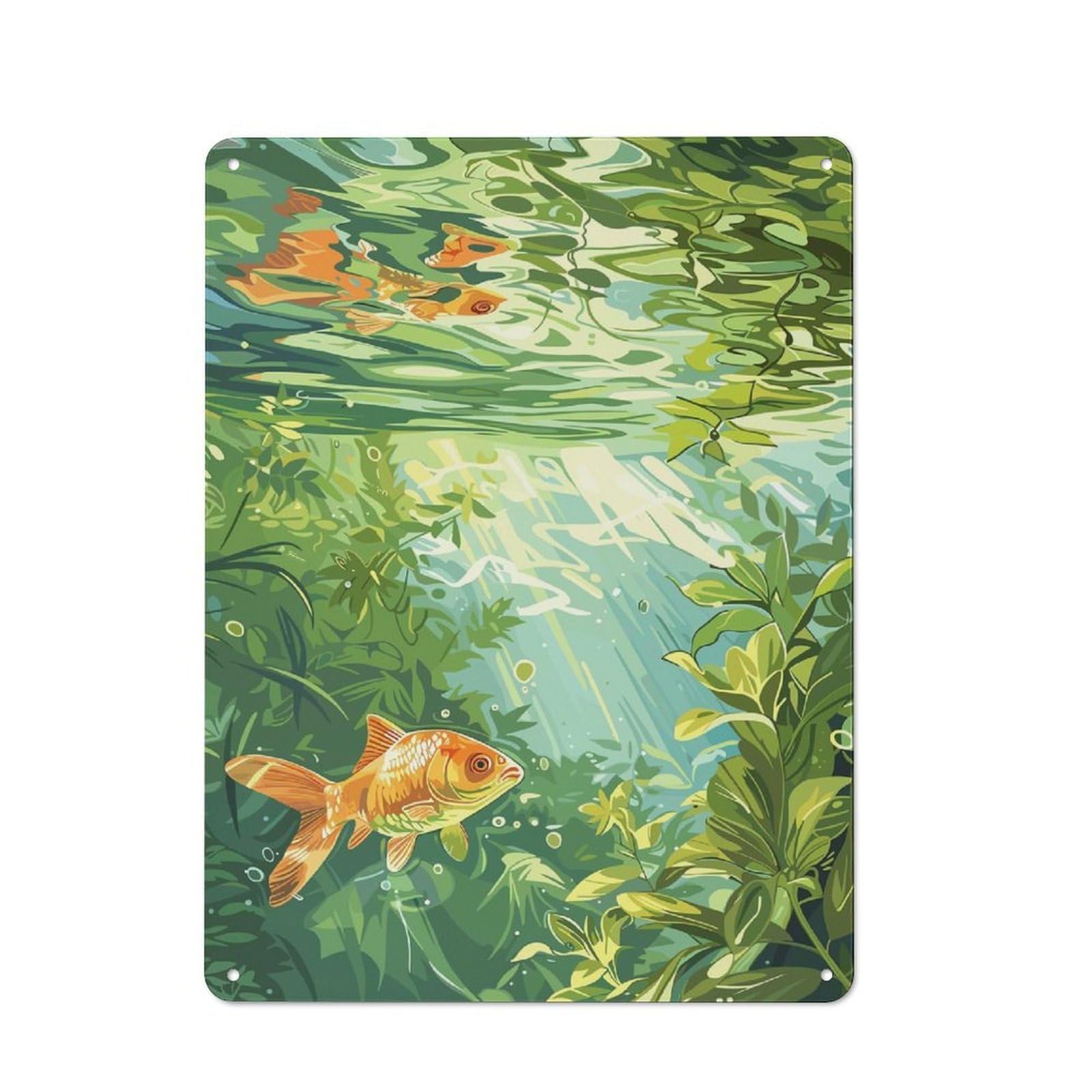 Junmoney Style Goldfish In Lush Pond Retro Metal Wall Decor 40X30cm, Metal Sign For Bar, Kitchen, Garage Or Games Room