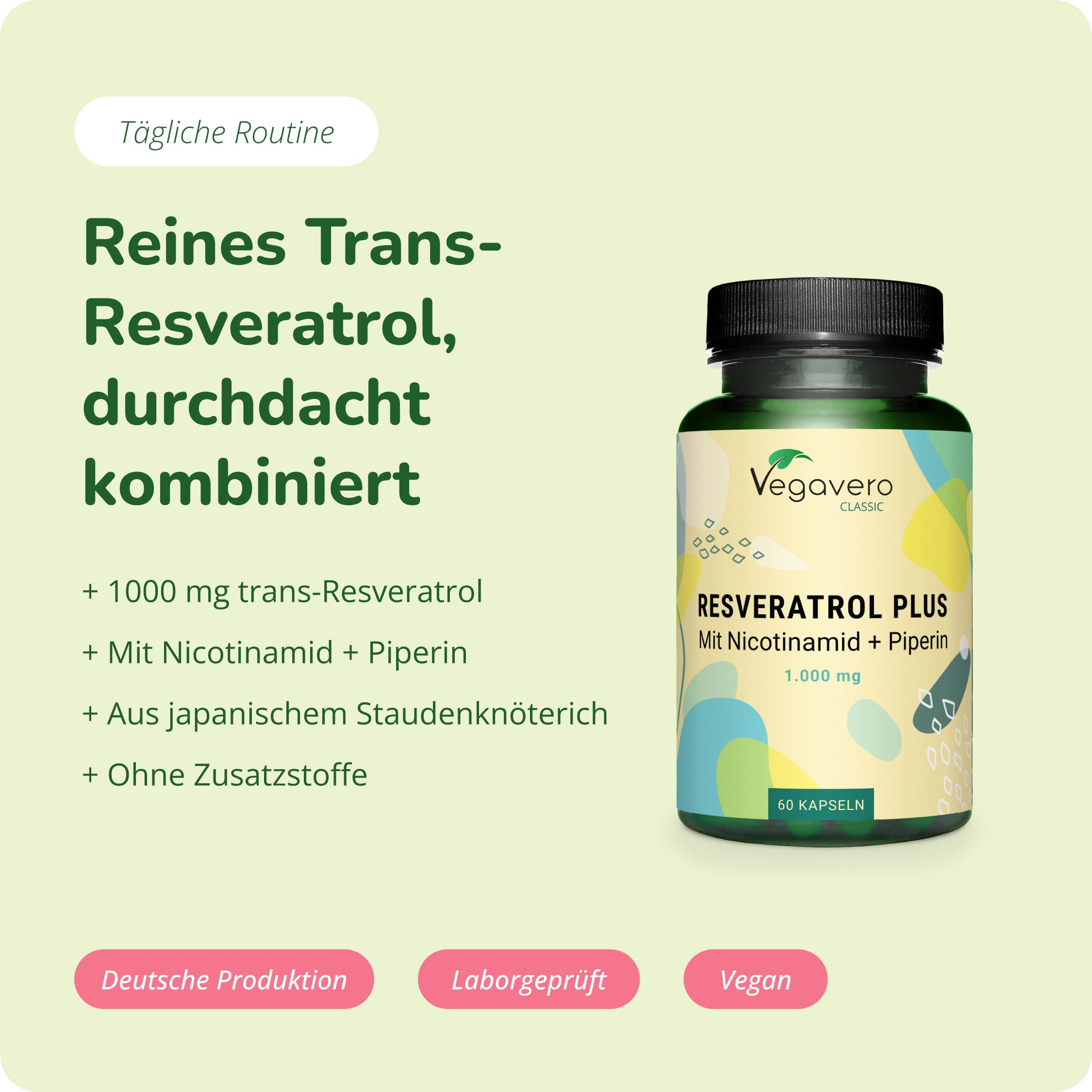 Resveratrol Vegavero | 1000 mg Trans-Resveratrol (125:1) | Plus Nicotinamid und Piperin | 98% rein | aus japanischem Staudenknöterich | Ohne Zusatzstoffe | 60 Kapseln | Vegan