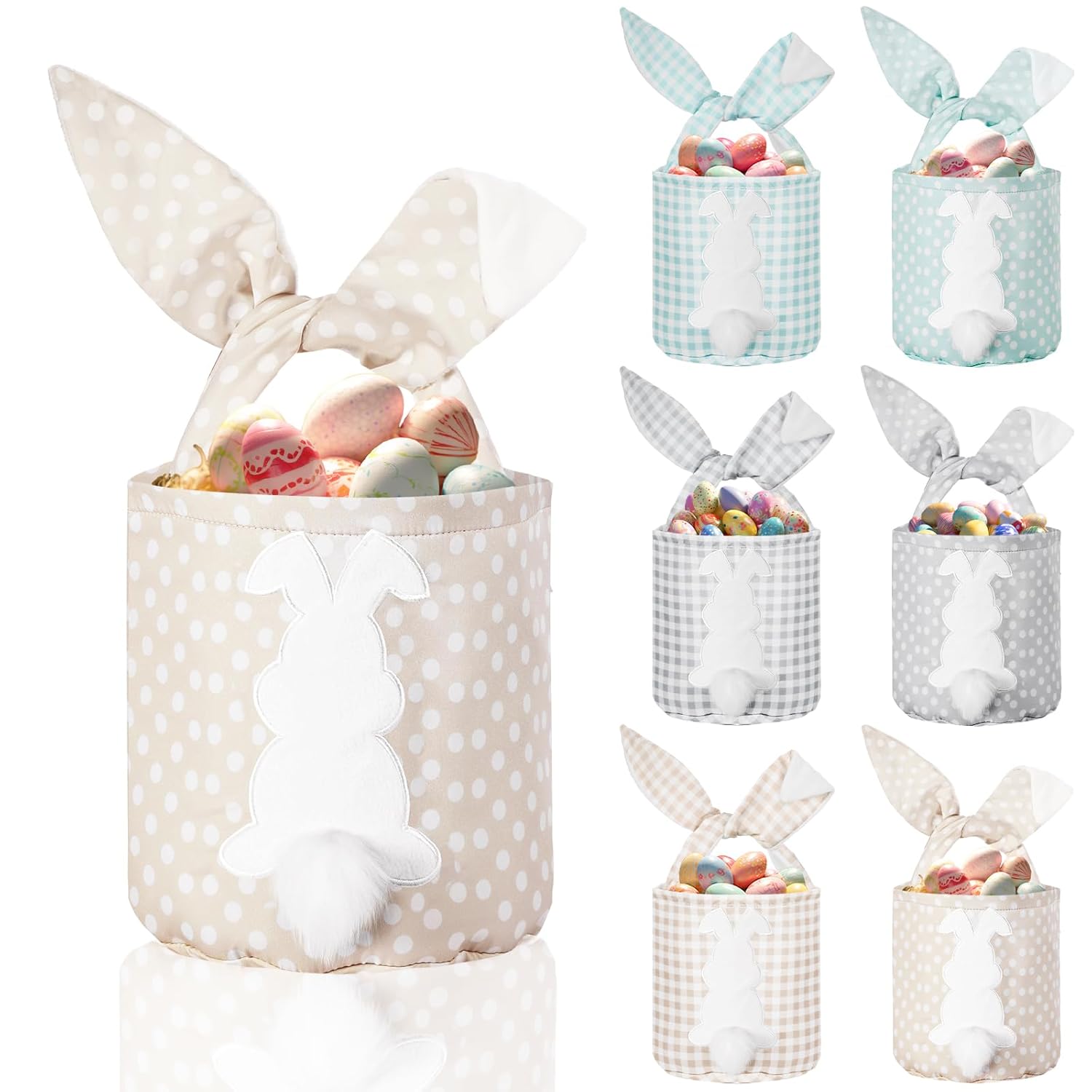 6 Pcs Bunny Canvas Bags Rabbit Print Basket with Foldable Ears Candy Goodie Bunny Tote Gift Bag for Birthday Party Decorations Supplies(Cute Color,Plaid)