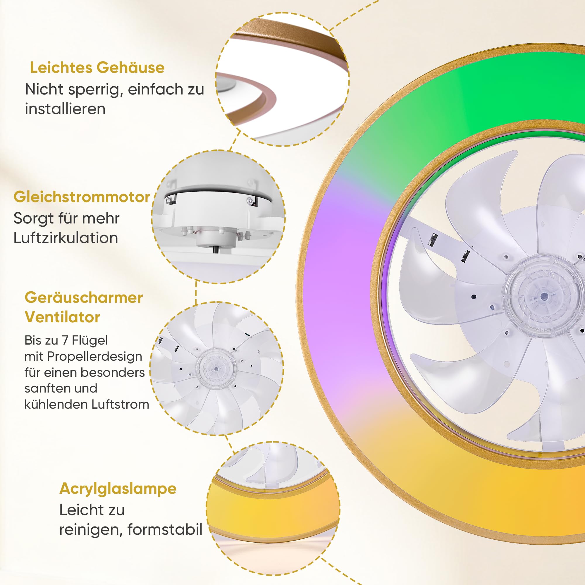 DOMANKI Deckenventilator mit Beleuchtung 42 cm RGB-Ambientelicht, Leiser DC-Motor, 6 Stufen Dimmbar, Sommer-/Wintermodus, Fernbedienung, Gold