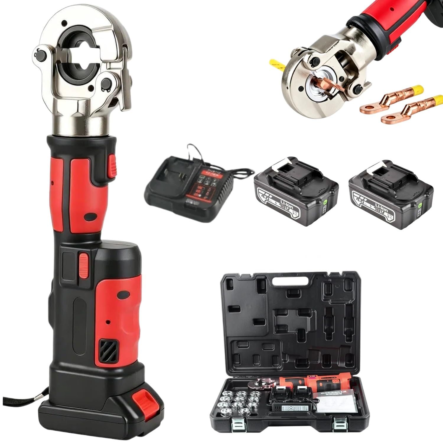 6 ton Electric Hydraulic Wire Crimper,Continuously Crimp Hydraulic Cable Lug Crimping Tool, Electrical Terminal Cable Wire Fiber Crimper Kit for 10-300mm²/ 8AWG-600MCM Cu/Al Wire Terminals