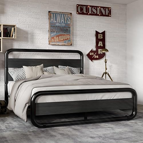 MUTICOR Base de cama de metal de tamaño matrimonial con cabecero y estribo de madera redondoscurvos, marco de cama de plataforma con almacenamiento