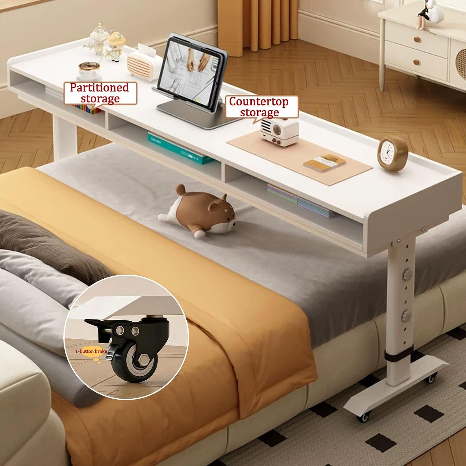 JKGHK 360° Rolling Overbed Table with Wheels, Height Adjustable Laptop Bed Desk with Baffles, Bedside Storage Cart Desk for Eating/Working, for Home, Hospital(White+Black,71x16in/180x40cm)