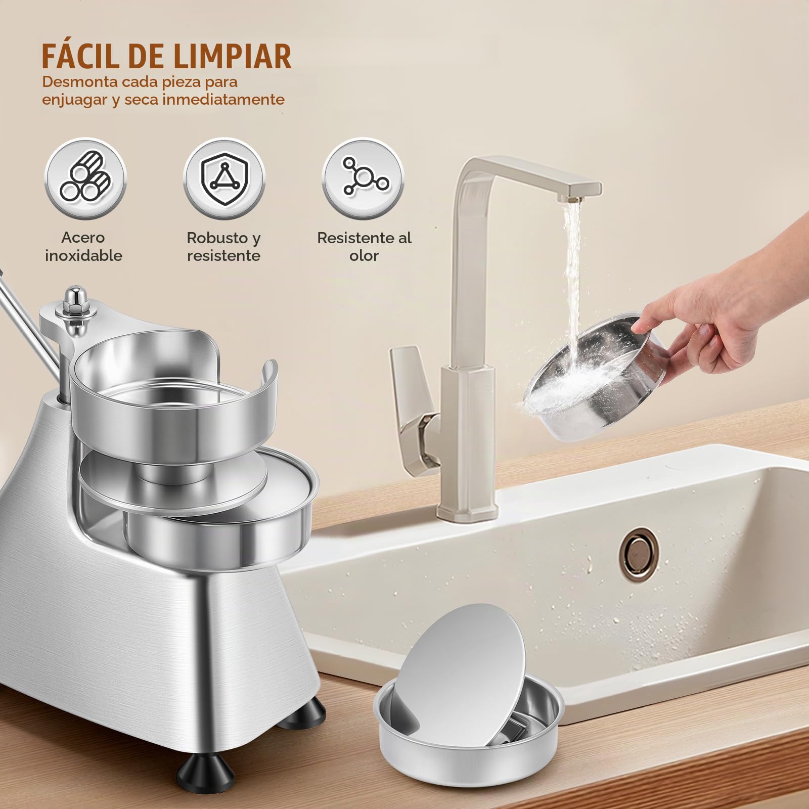 Moongiantgo 3-in-1 Máquina de Prensa de Hamburguesas de Acero Inoxidable | Prensa de Hamburguesa Comercial con 3 Bandejas Desmontables de Tamaño 4/5/6" & 1500 Papeles para Hamburguesas (10/13/15CM)