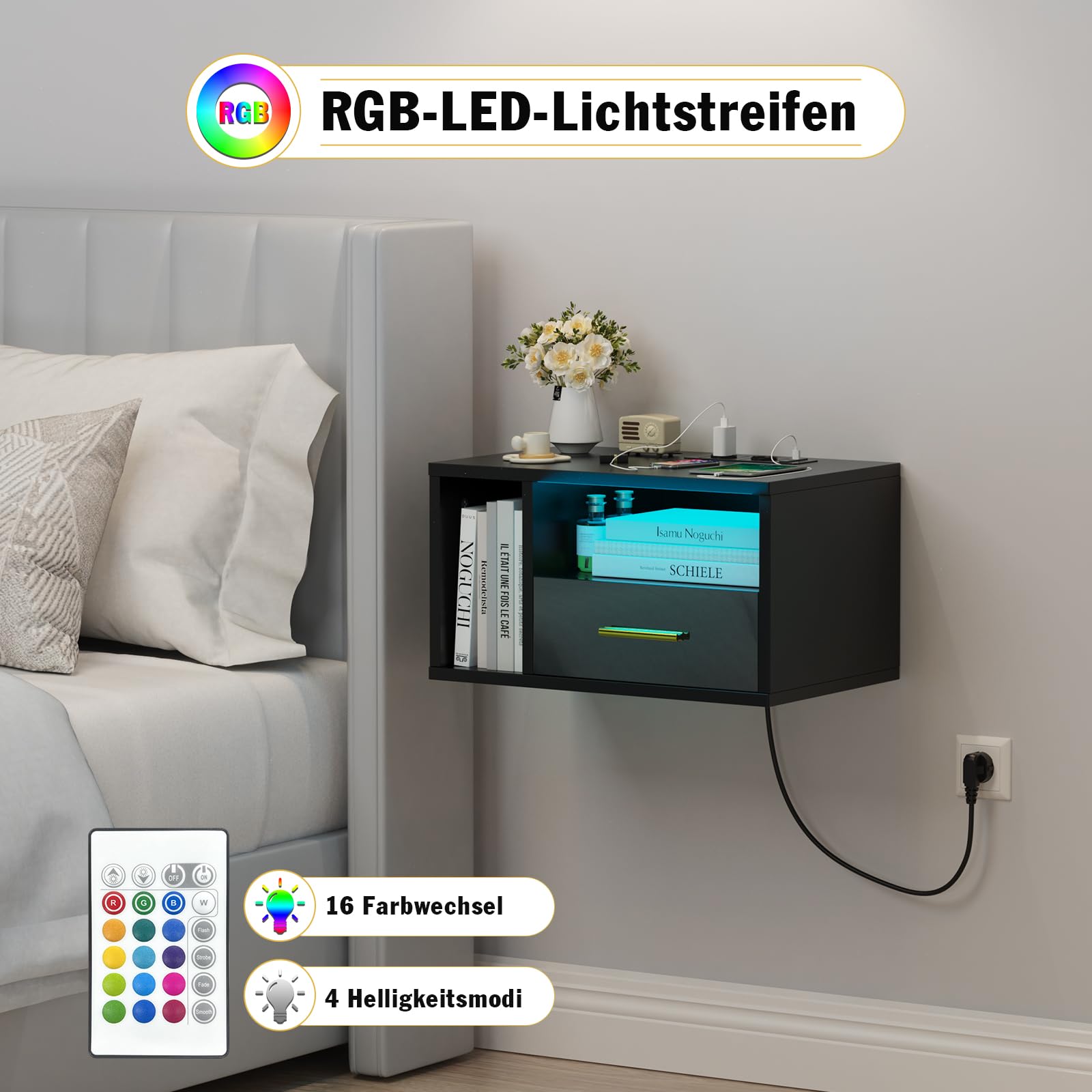 Nachttisch Hängend mit led, Nachttisch mit Ladestation, Nachtschrank Schwarz, Offenes Fach Und Einer Schublade, 46.5x30x25.5cm, 16 Farben LED, Modern, Wohnzimmer Schlafzimmer