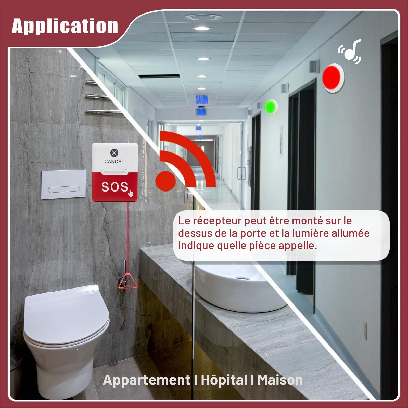 SOS Alarme pour Toilettes, Sanitaires et Salle de Bains – Système d’Appel d’Urgence pour Personnes handicapées, PMR, Malades – Idéal pour Maison, EHPAD, Magasin (1x Sonnerie +1x Bouton à cordelette)