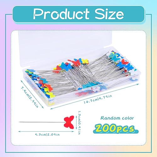 Miniatura 2 de 200 alfileres rectos, alfileres largos y rectos multicolor, alfileres de costura de cabeza plana con mariposa, alfileres de costura rectos para
