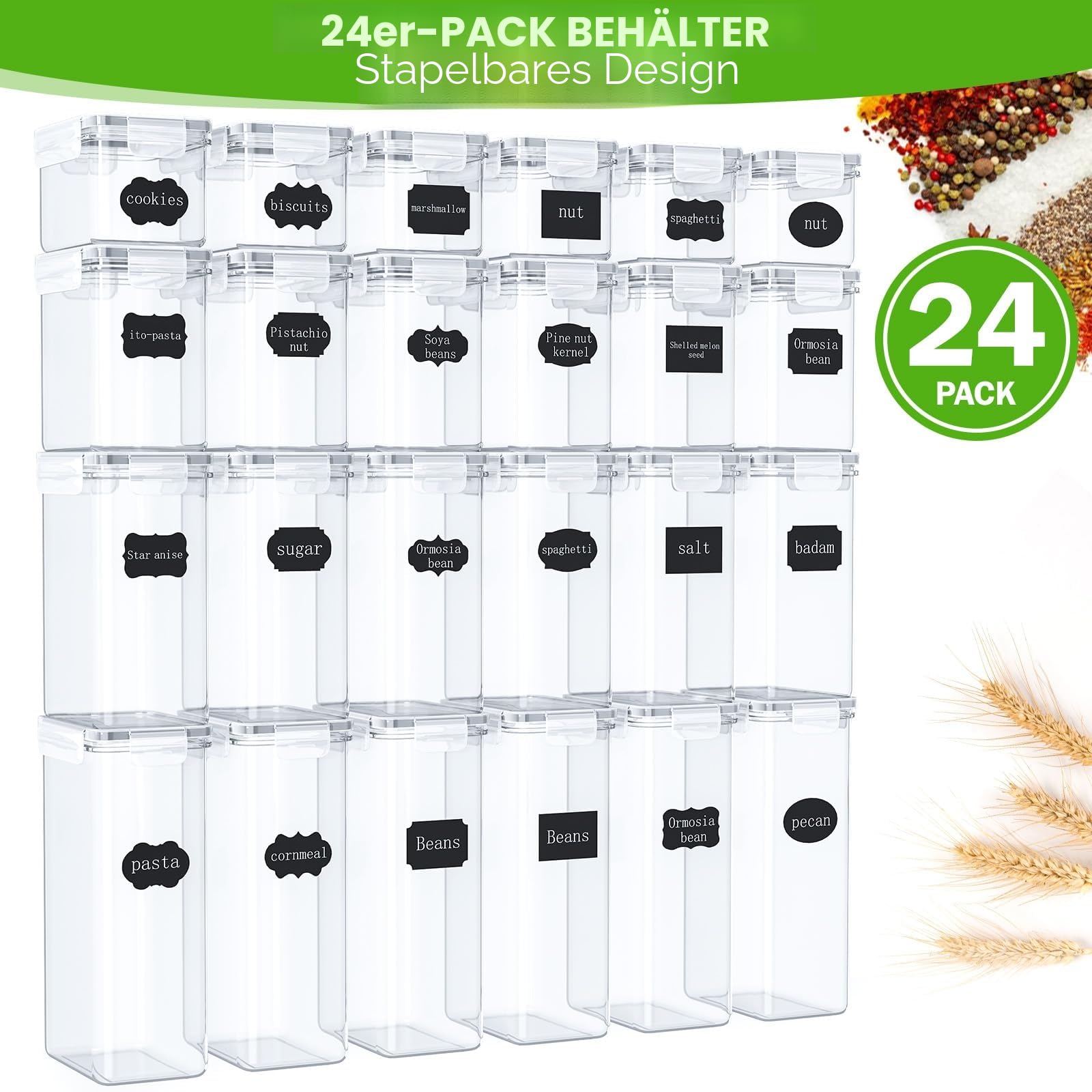 PurKeep Set mit 24 luftdichten Vorratsdosen & Kühlschrank-Organizer, BPA-frei, Küchenaufbewahrungsbehälter für Müsli, Mehl, Zucker, Körner & Backzubehör, 42 Liter großes Volumen inkl. 24 Etiketten