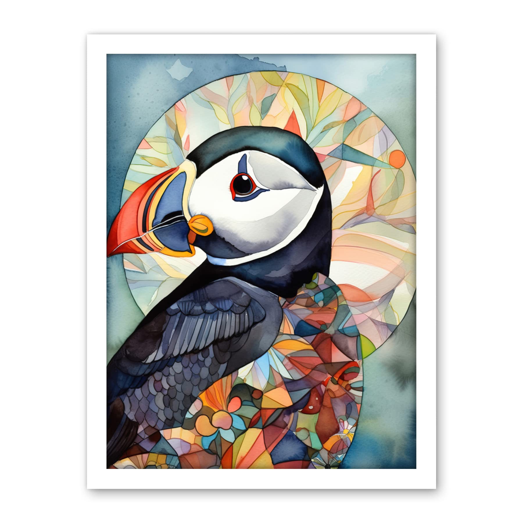 Artery8 Puffin Bird Portrait Folk Art Artwork Framed Wall Art Print 18X24 Inch